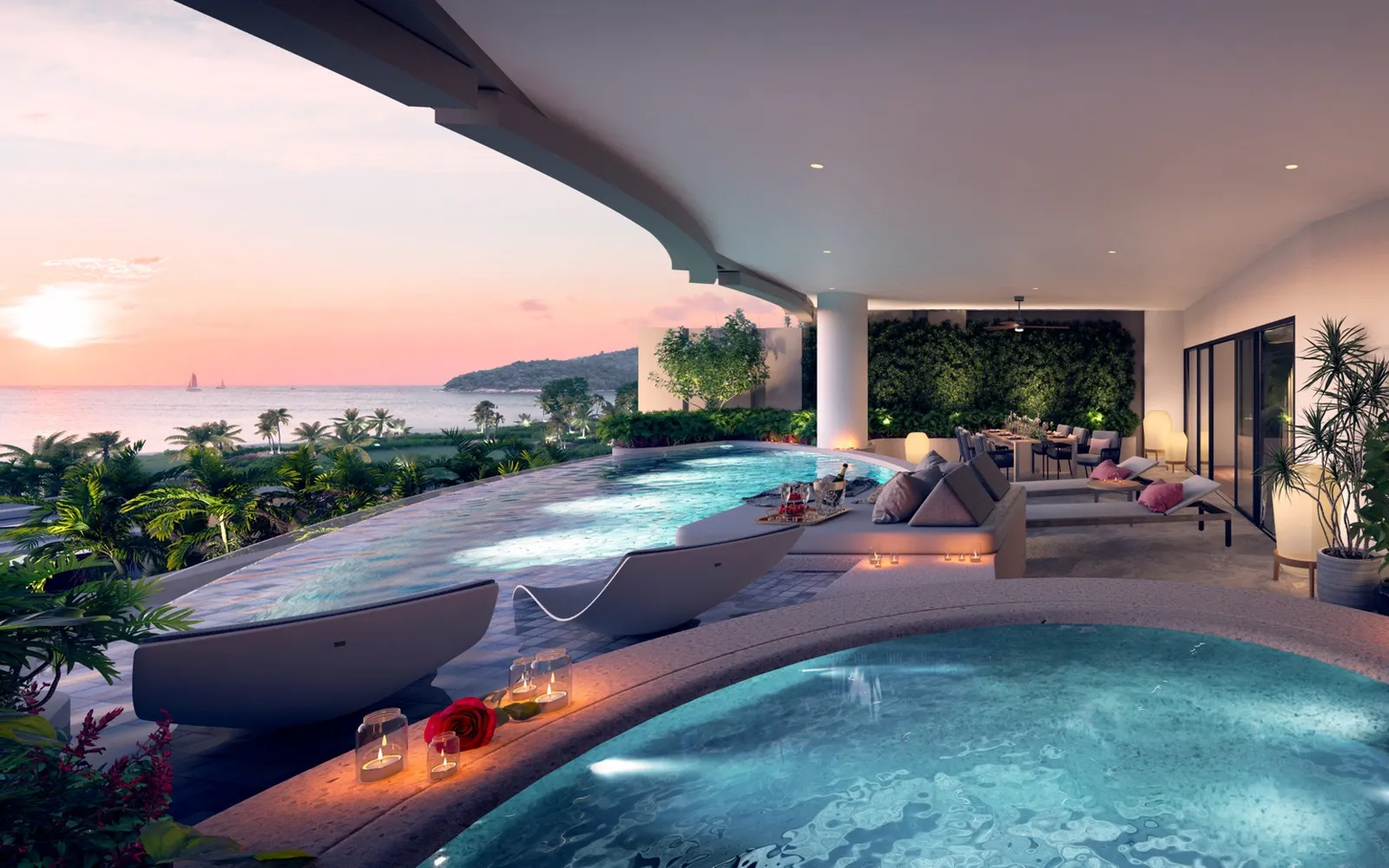 Penthouse pool terrace with sunset sea view