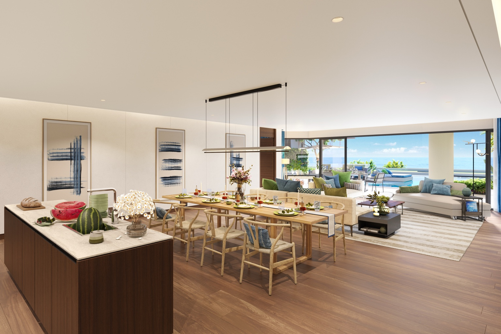 Open-plan kitchen, dining and living area with sea view