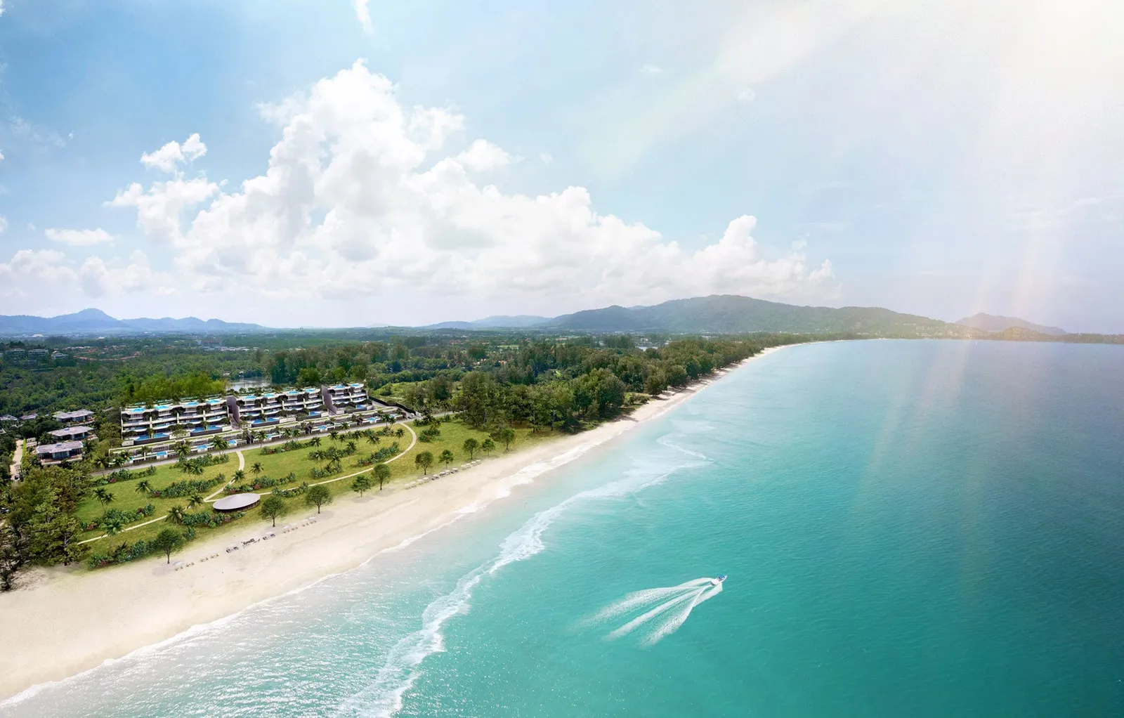 Aerial coastline view of Sirena residences along Bang Tao Beach