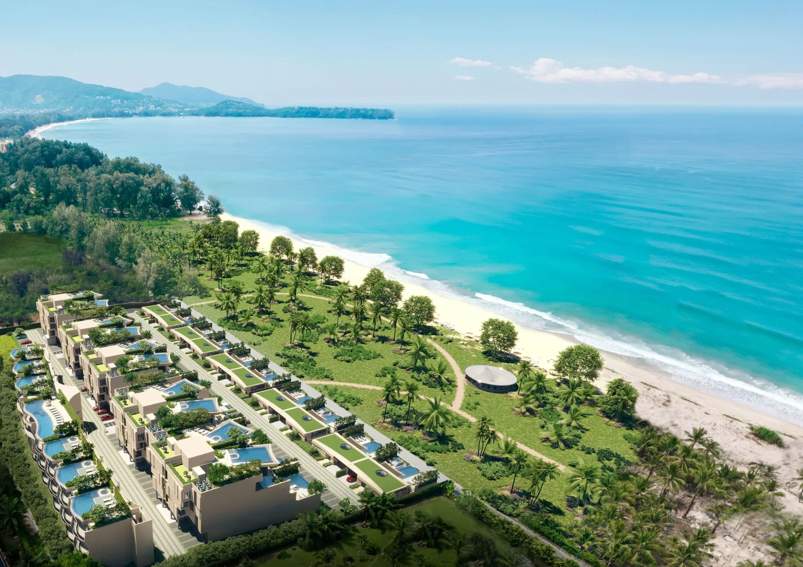 Aerial beachfront view of Sirena residences and shoreline