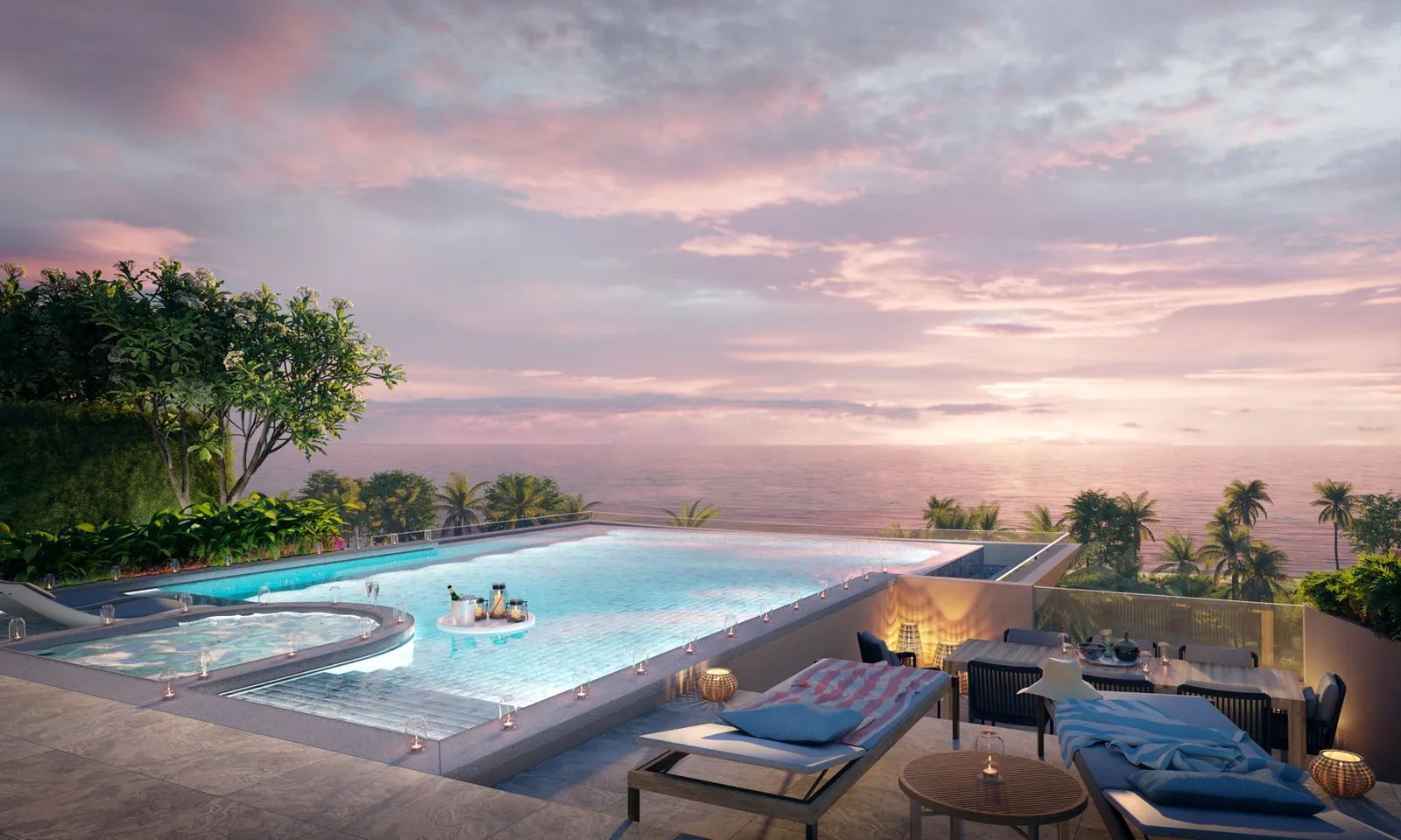 Rooftop pool terrace with sunset horizon view