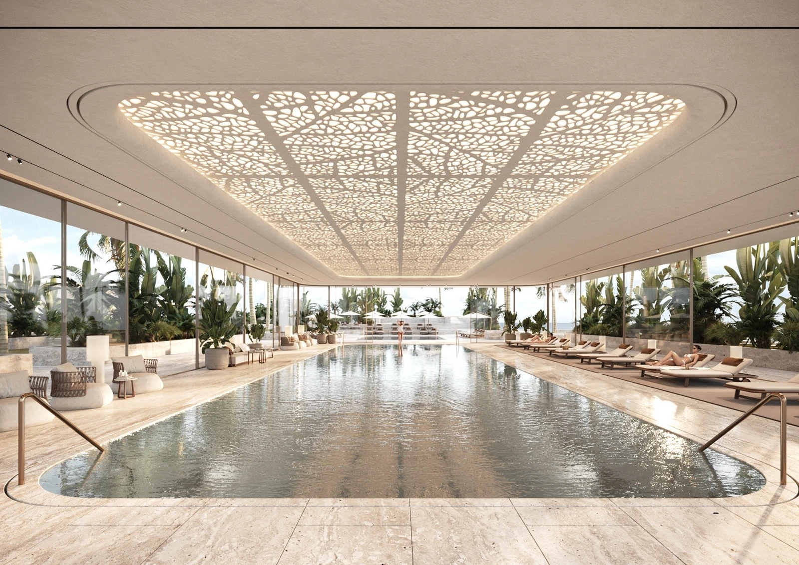 Indoor pool with garden glazing and lounge seating