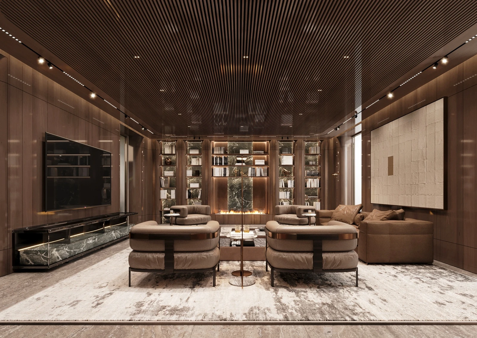 Cigar lounge with fireplace, lounge seating, and shelving