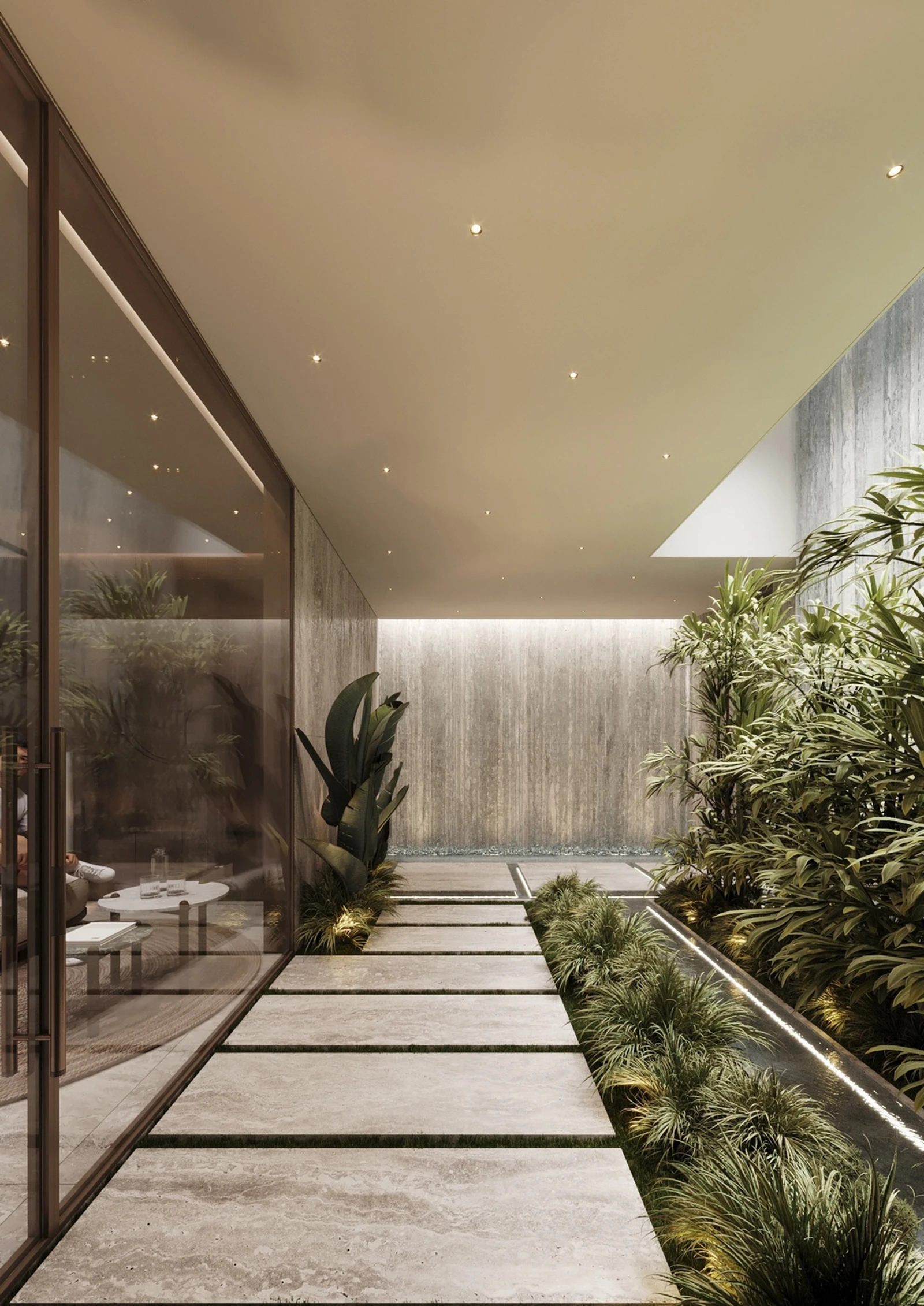 Spa garden walkway with stone path and planted water feature