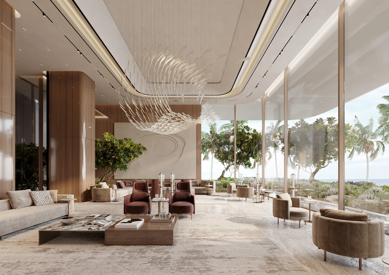 Sunset lounge with sea-facing glazing and layered seating