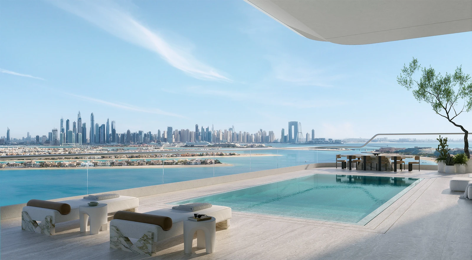 Private pool terrace with Dubai skyline view across Palm Jumeirah