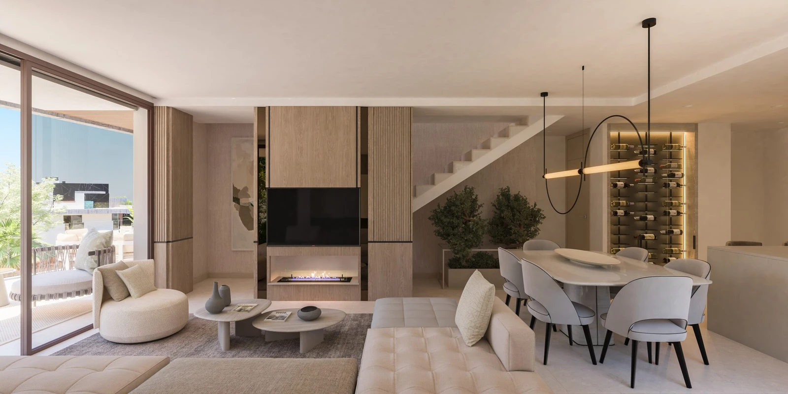 Open-plan living and dining area with terrace access