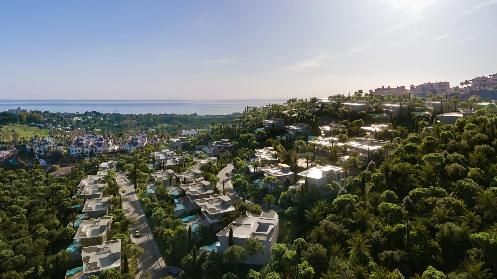 Aerial view of Tierra Viva Lamborghini Villas on forested hillside, Benahavís Costa del Sol Spain