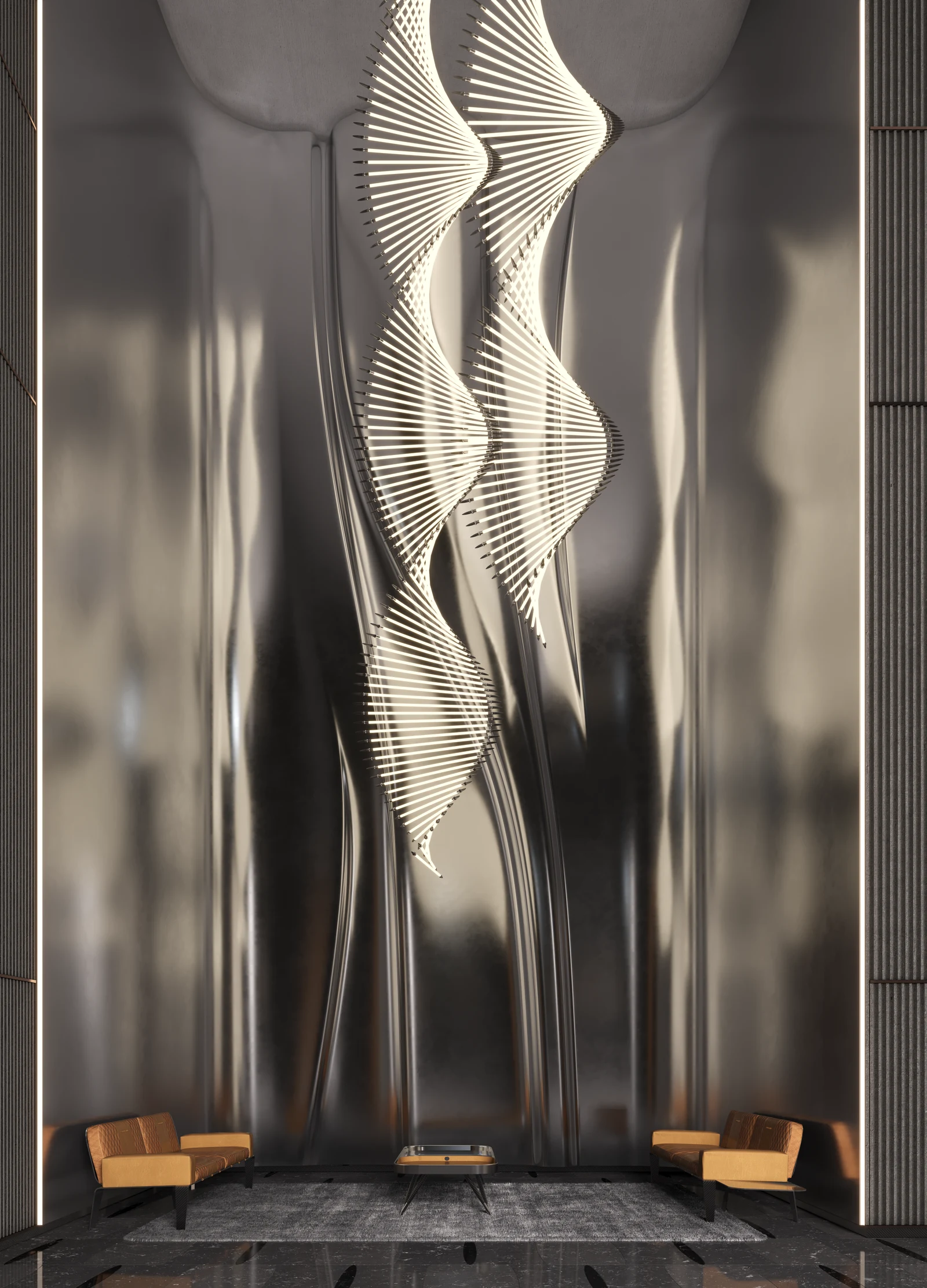 Da Vinci Tower Pagani lounge with geometric Pagani design and bespoke lighting, Dubai