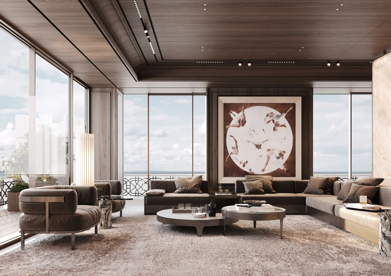 Grand lounge with wood-paneled ceiling and panoramic sea view