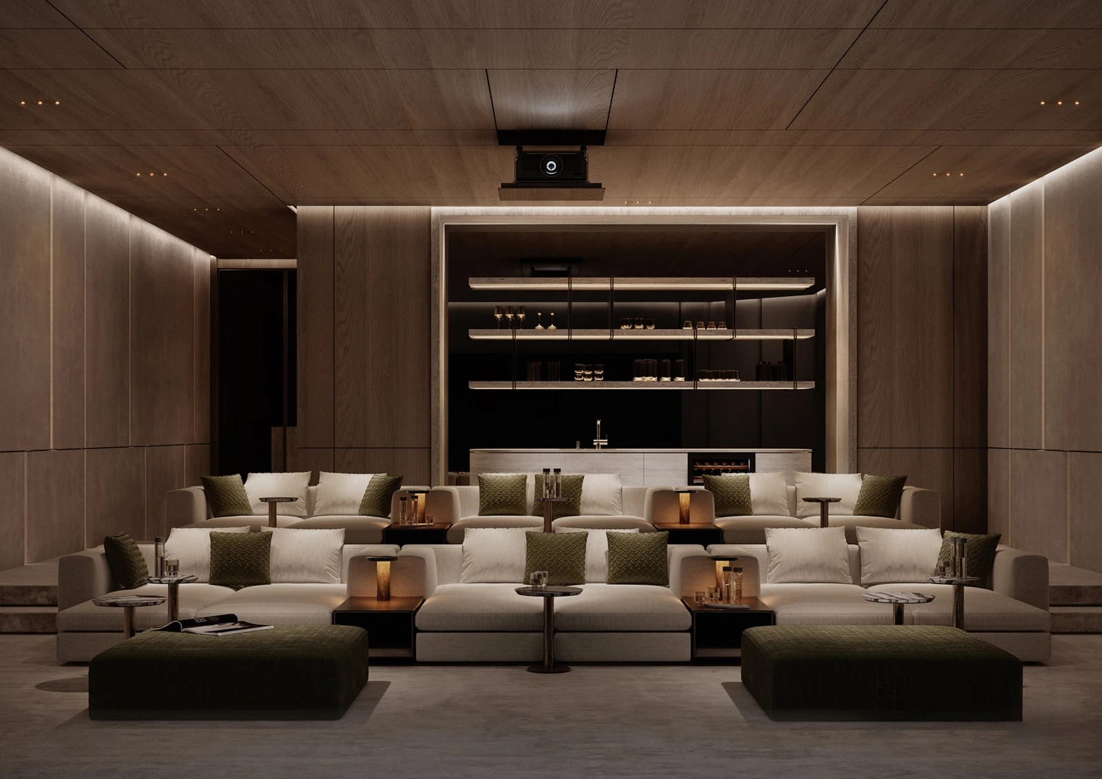 Private cinema lounge with tiered seating and bar