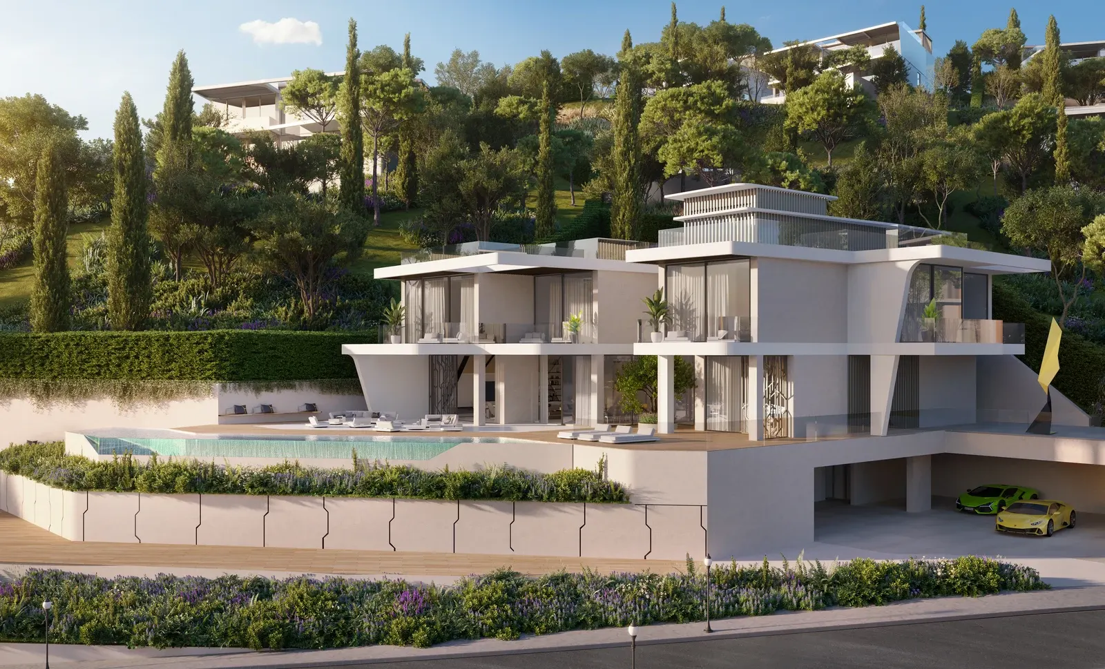 Tierra Viva Diamante Villa exterior with private pool and Lamborghini in garage, Benahavís Spain