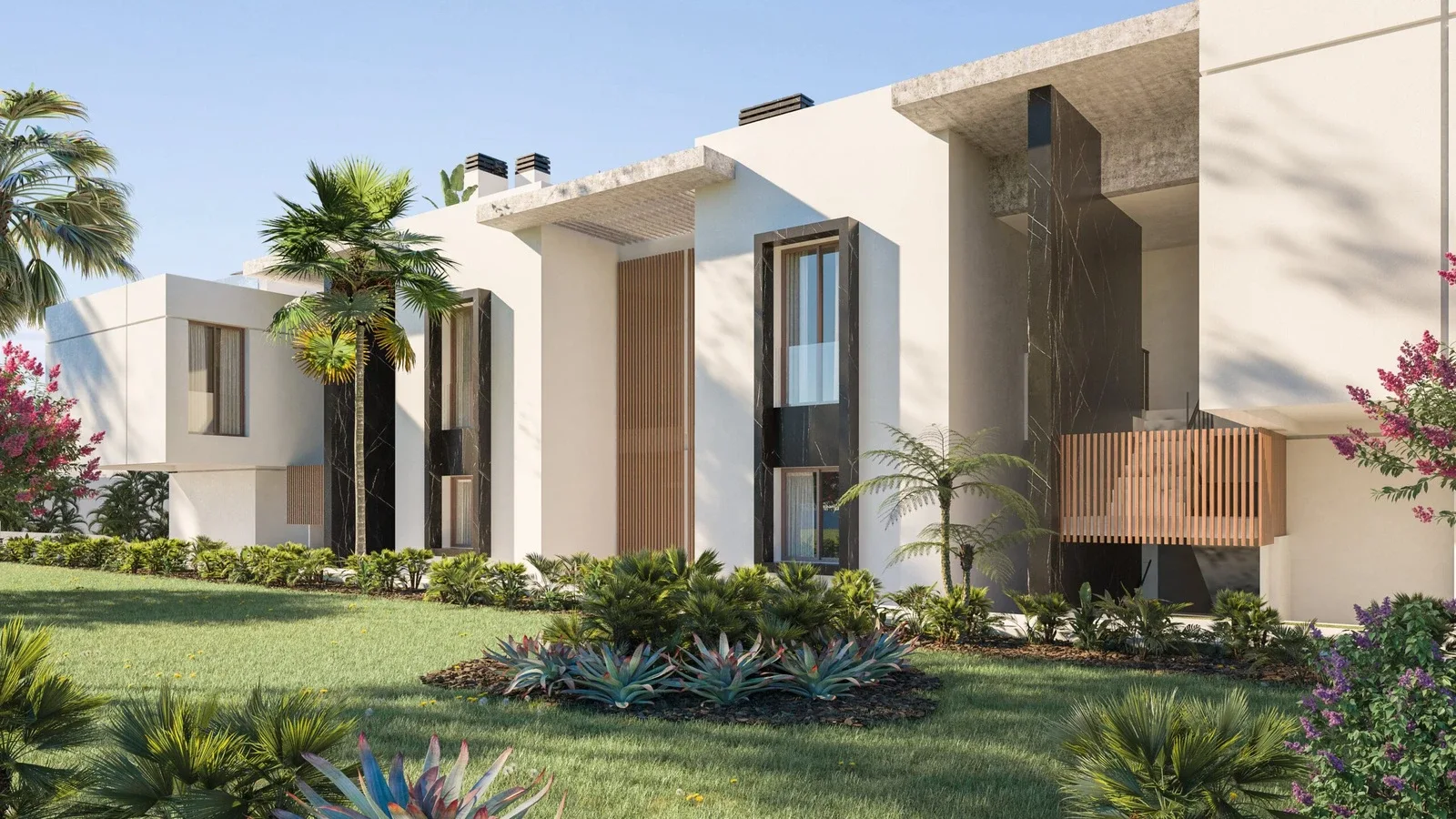 Entrance facade with landscaped approach at ZEW Elviria