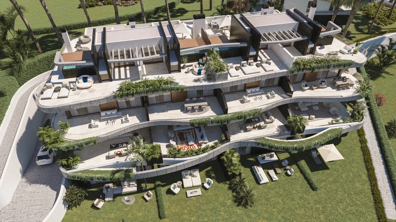 Aerial view of stepped duplex residences and terraces