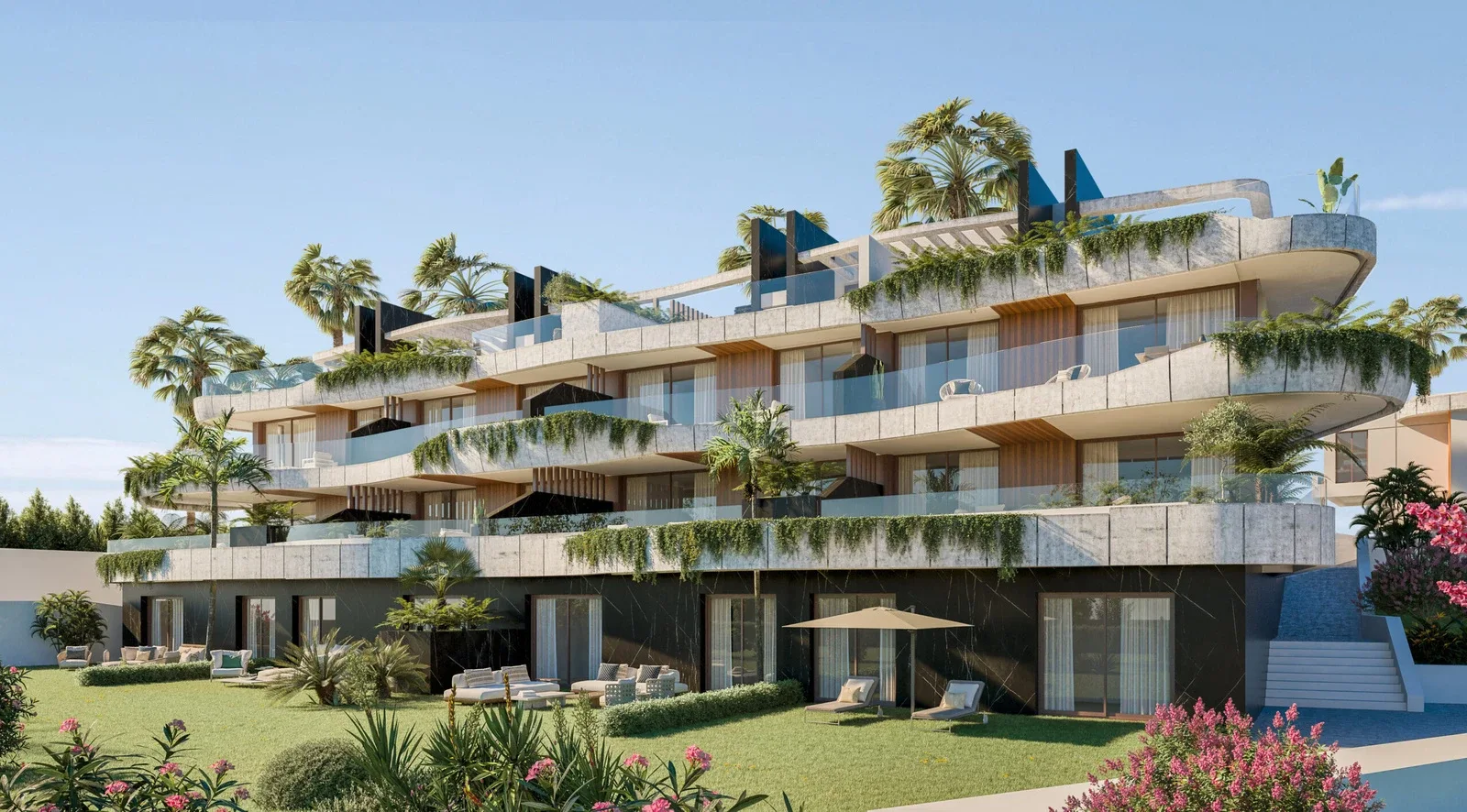 Front elevation of ZEW residences with private garden terraces