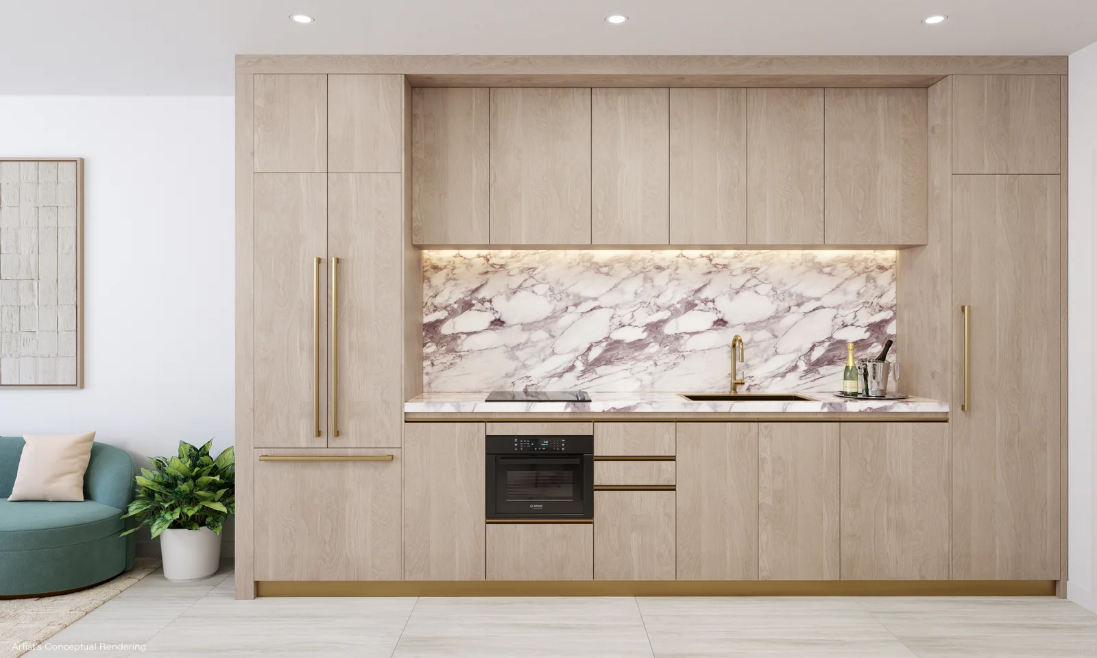 Viceroy Brickell studio kitchen with linear Italian cabinetry and porcelain backsplash, Miami