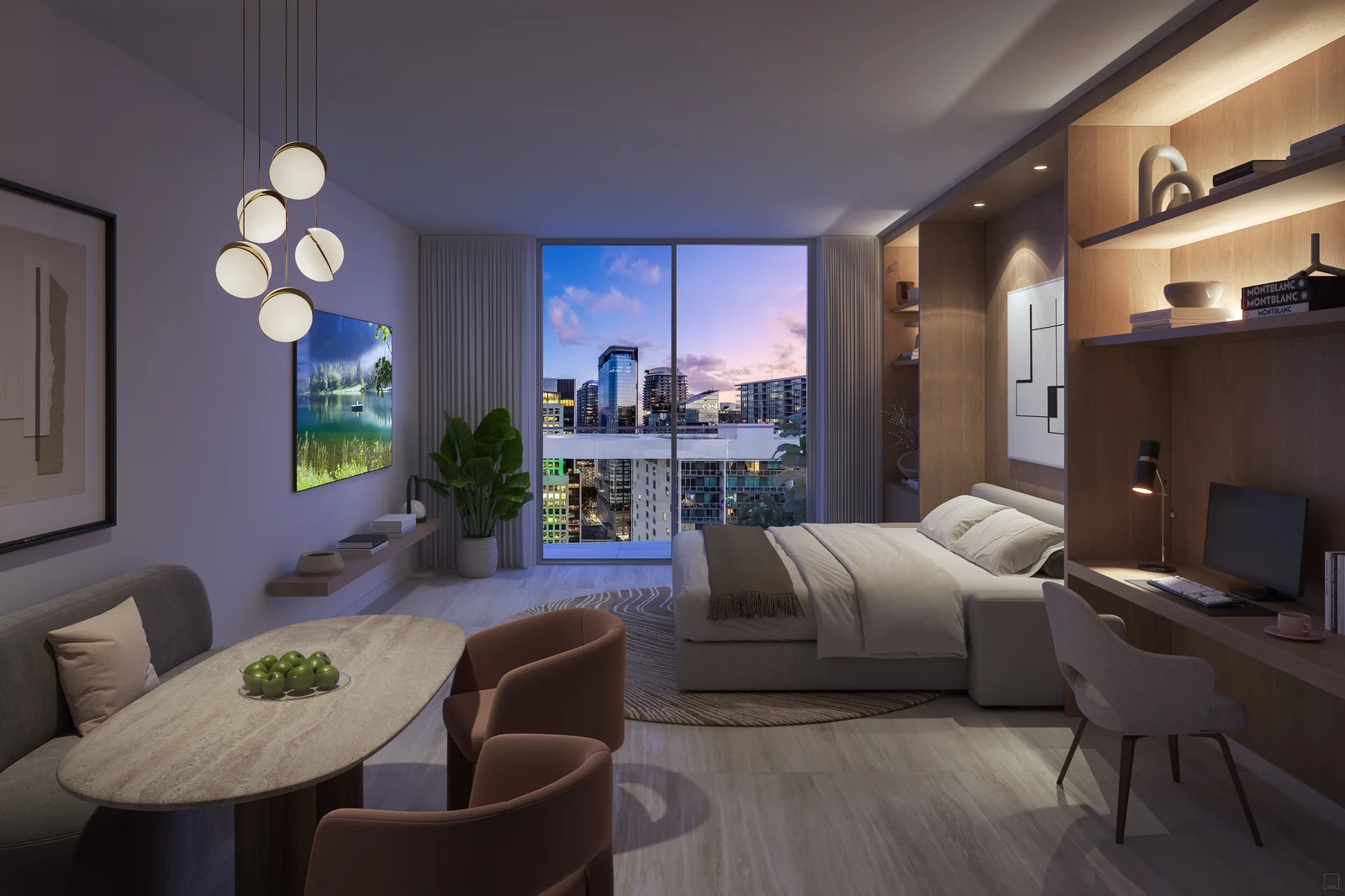 Viceroy Brickell studio residence bedroom with balcony access and Brickell city view at dusk