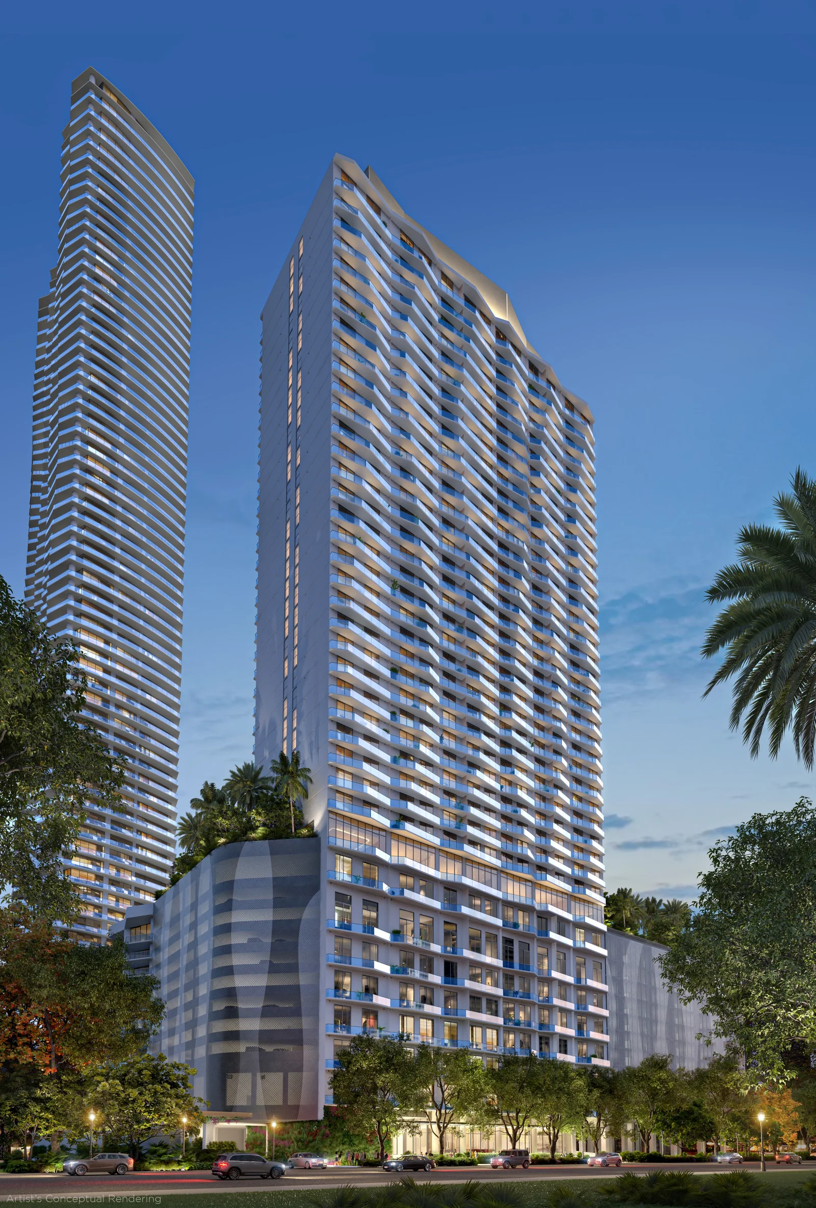 Viceroy Brickell 45-story glass tower exterior at dusk, Brickell Avenue Miami
