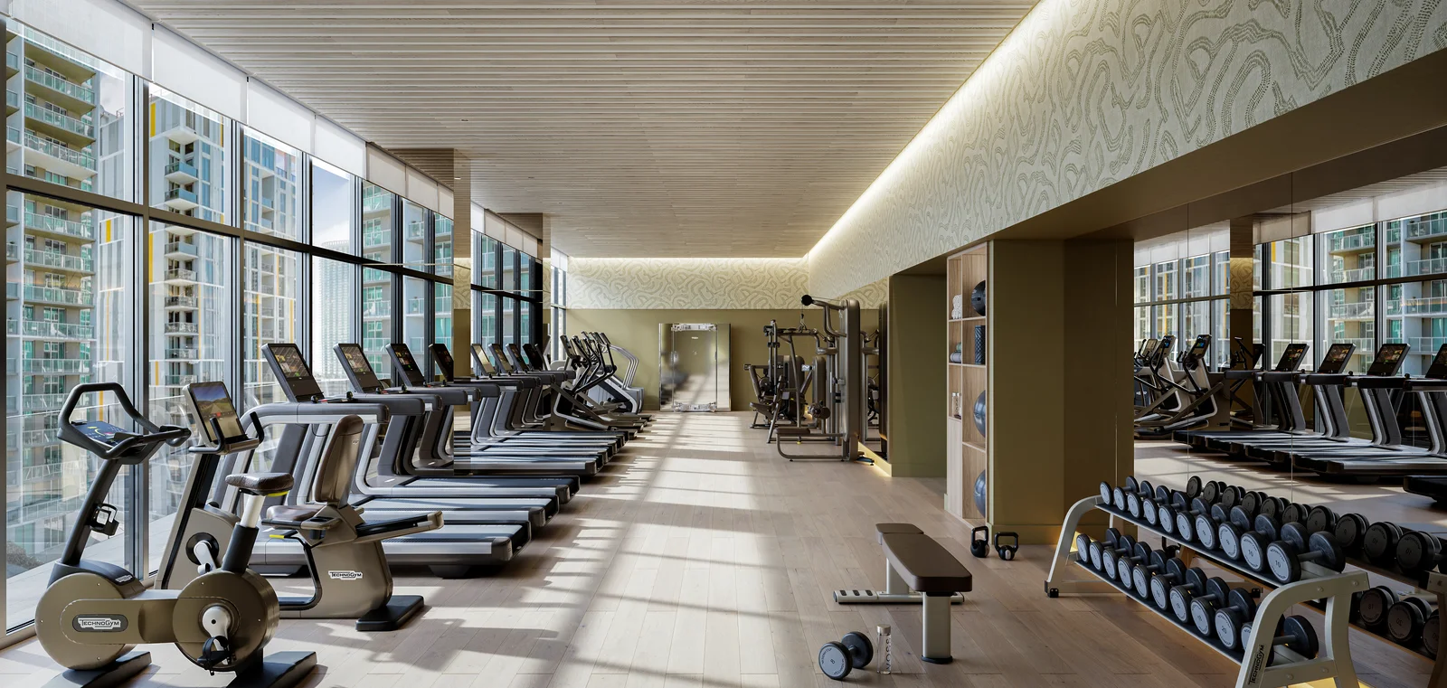 Viceroy Brickell fitness centre with cardio equipment and floor-to-ceiling city views, Miami