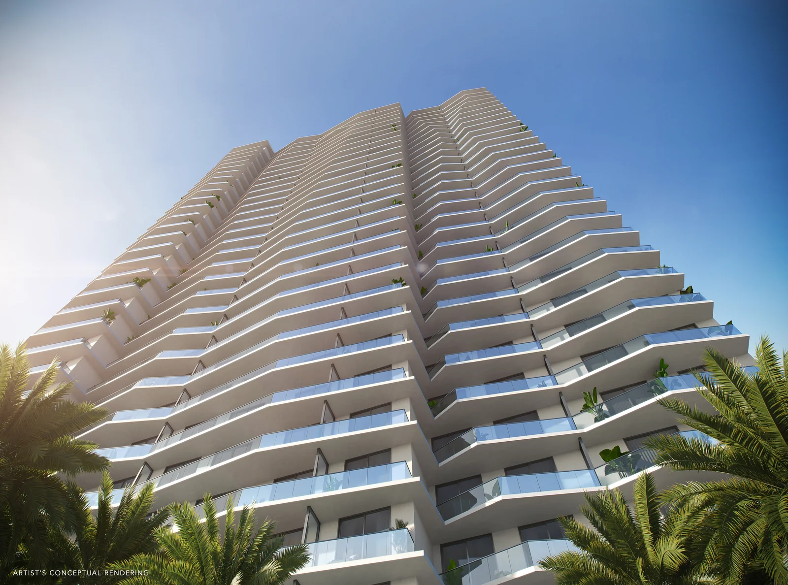 Viceroy Brickell tower facade with undulating glass balcony railings, Brickell Miami