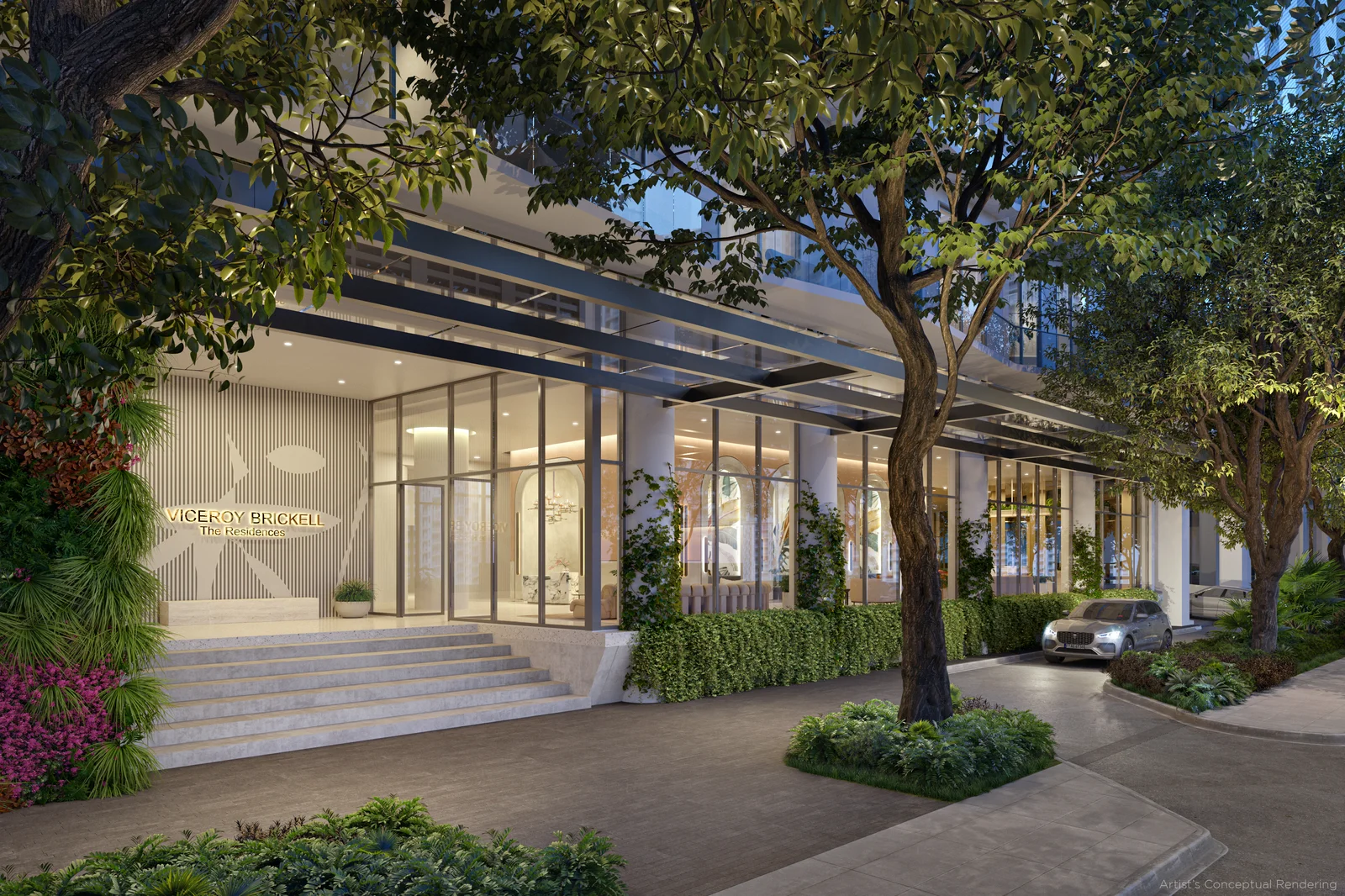 Viceroy Brickell porte-cochere entrance with landscaped arrival drive, Brickell Miami