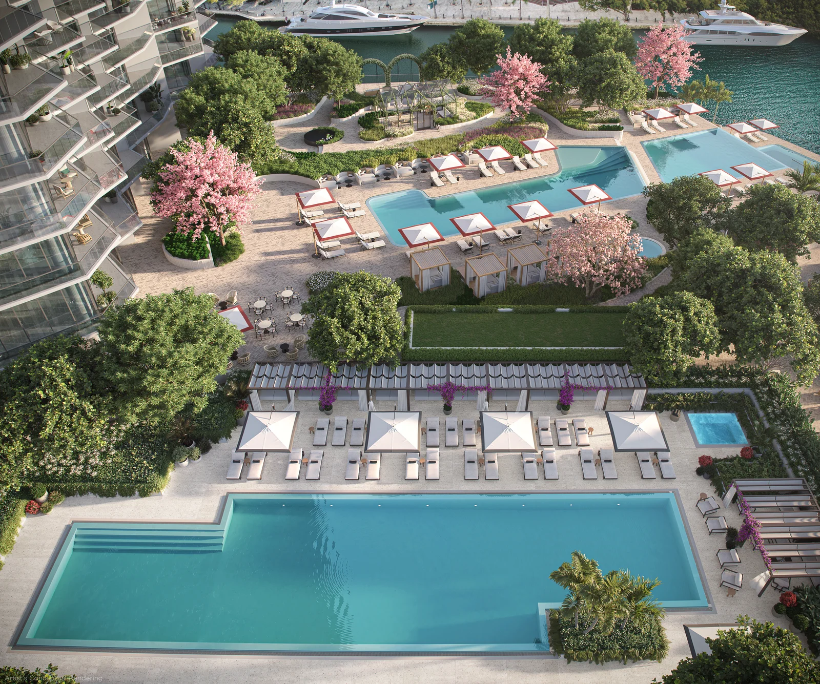 Viceroy Brickell resort amenities pool deck aerial view with cabanas and landscaping, Miami
