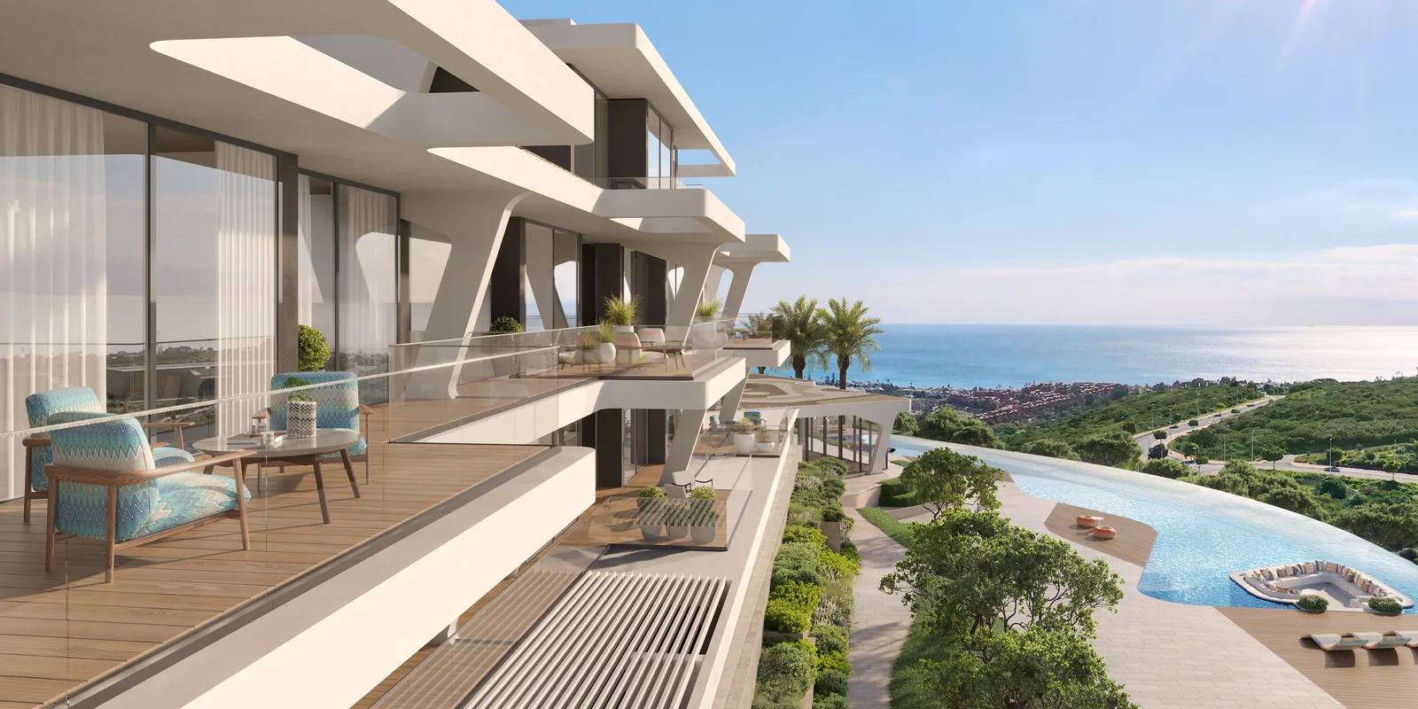 Marea Missoni multi-level exterior balconies with glass railings and Mediterranean sea view, Casares Spain
