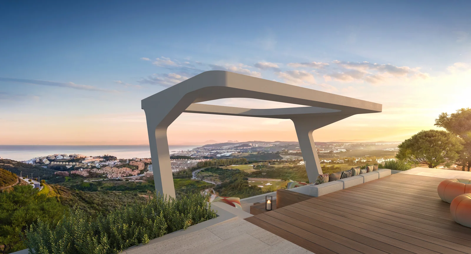 Marea Missoni outdoor seating deck with Missoni wavy sun loungers and Mediterranean sea view, Casares