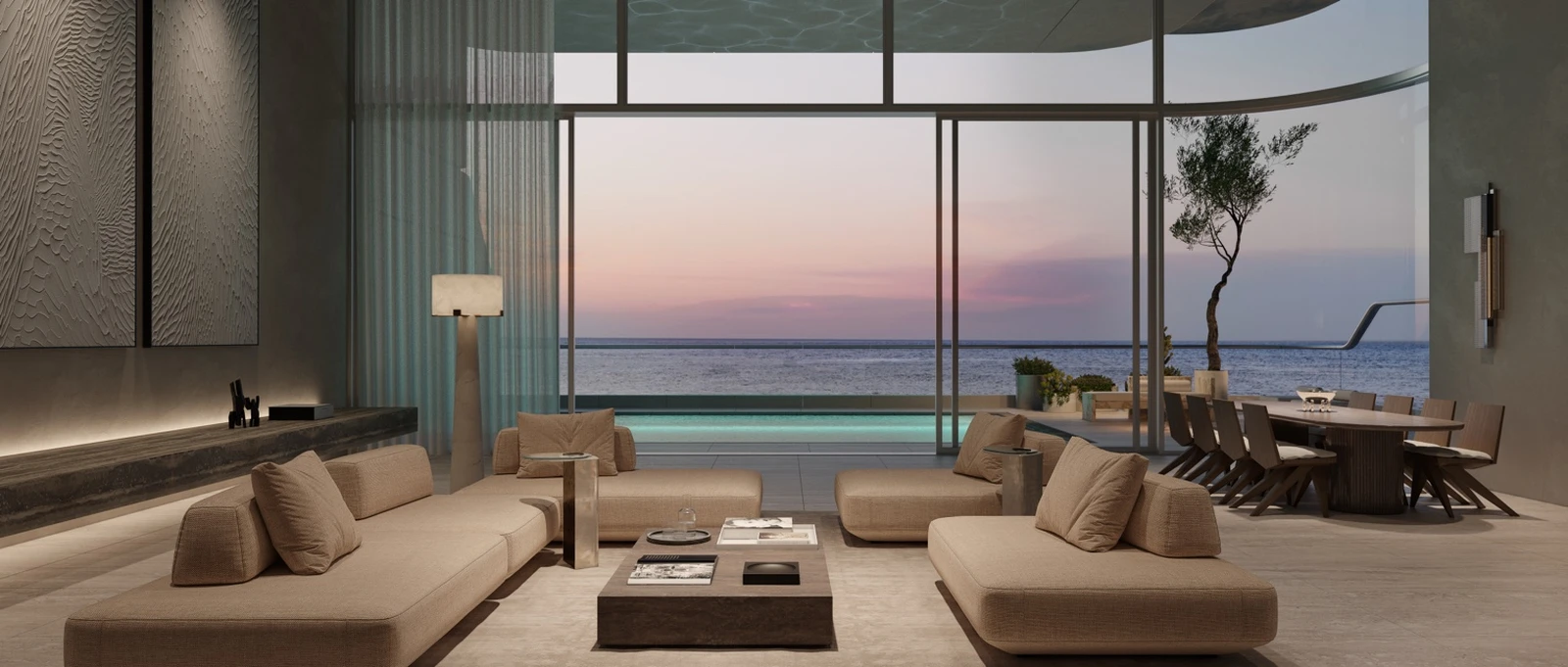 Living room opening to sunset terrace and private pool