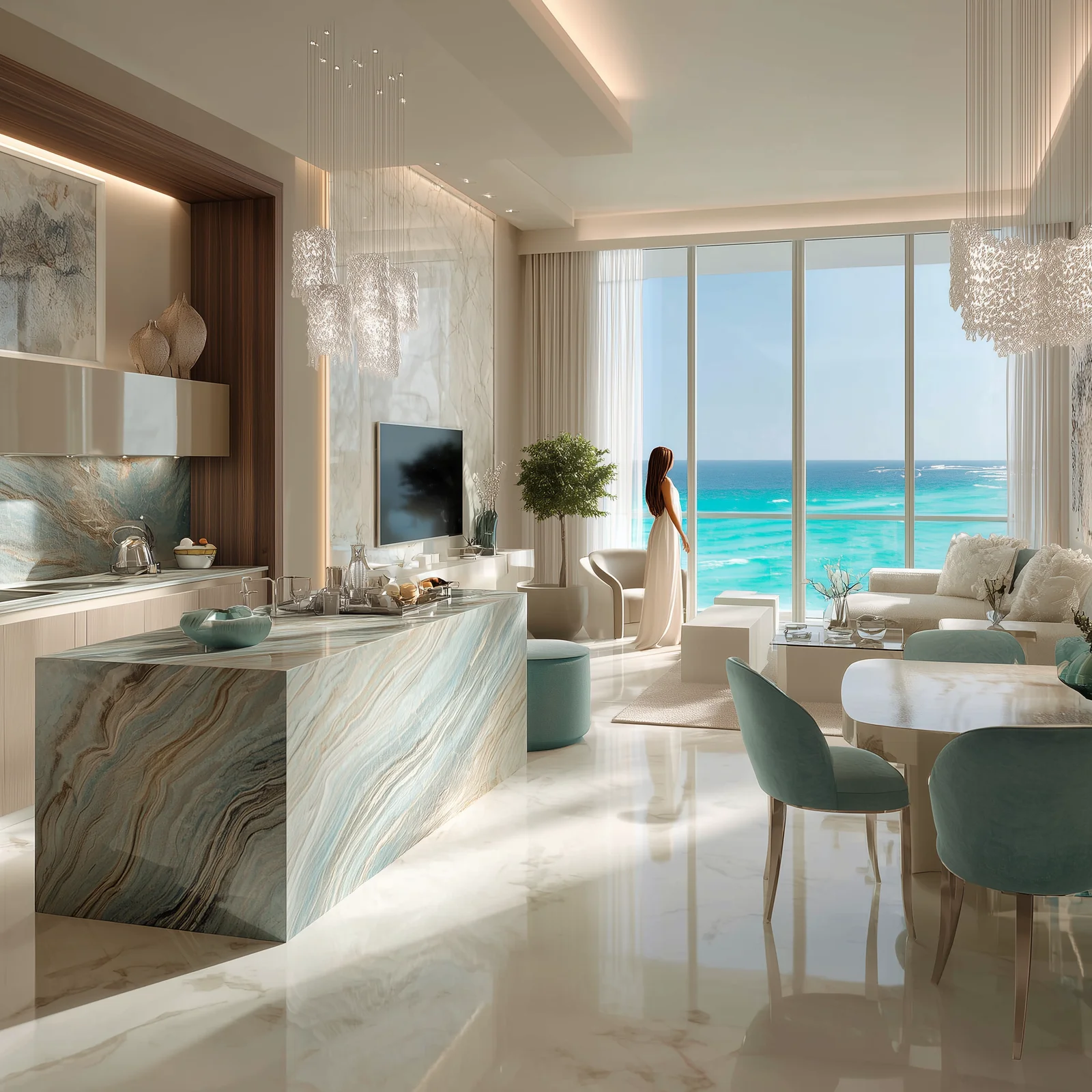 Vistal Victoria Swarovski one-bedroom residence bedroom with sea view, Muscat