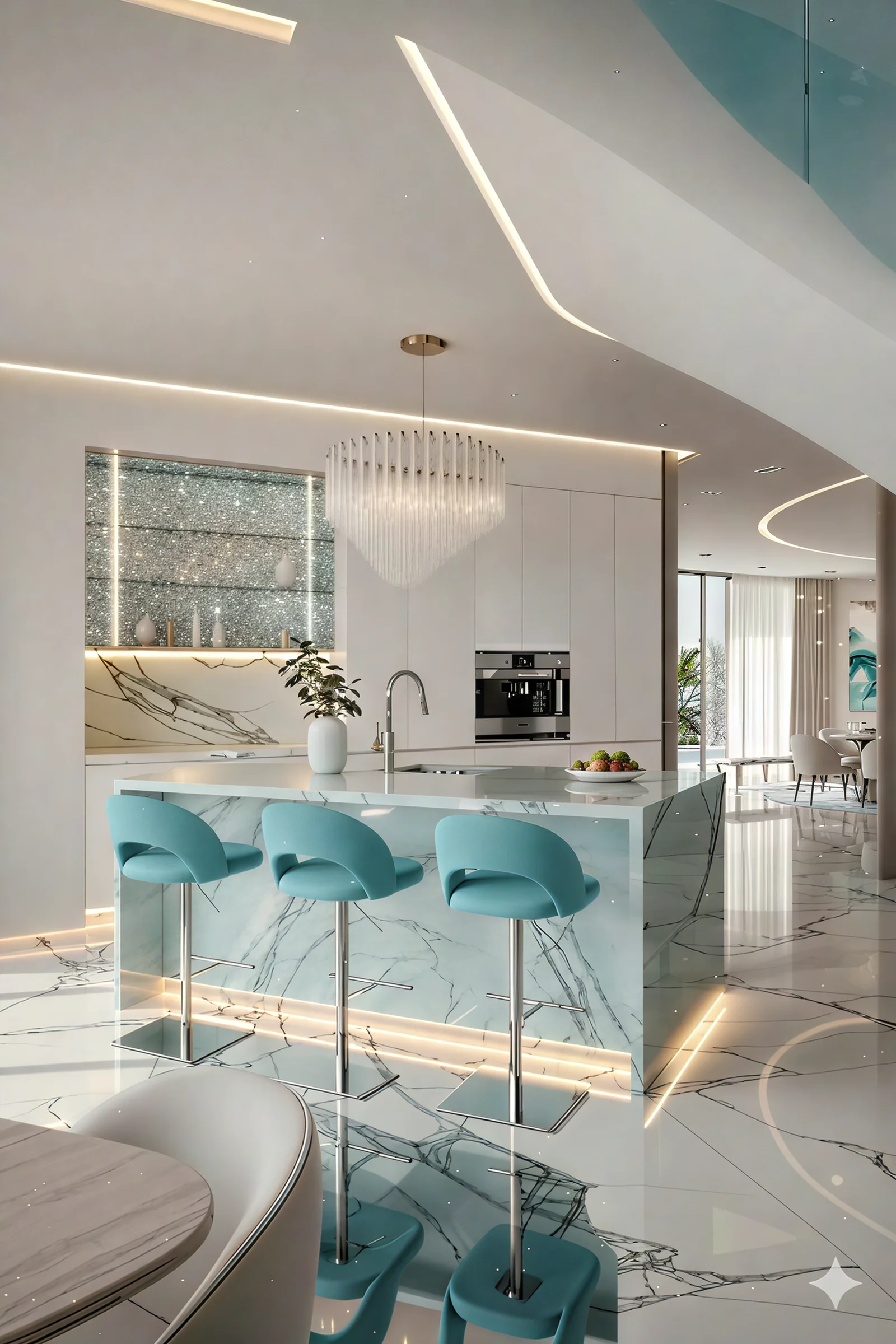 Vistal Victoria Swarovski sky villa living room with panoramic sea view, Muscat