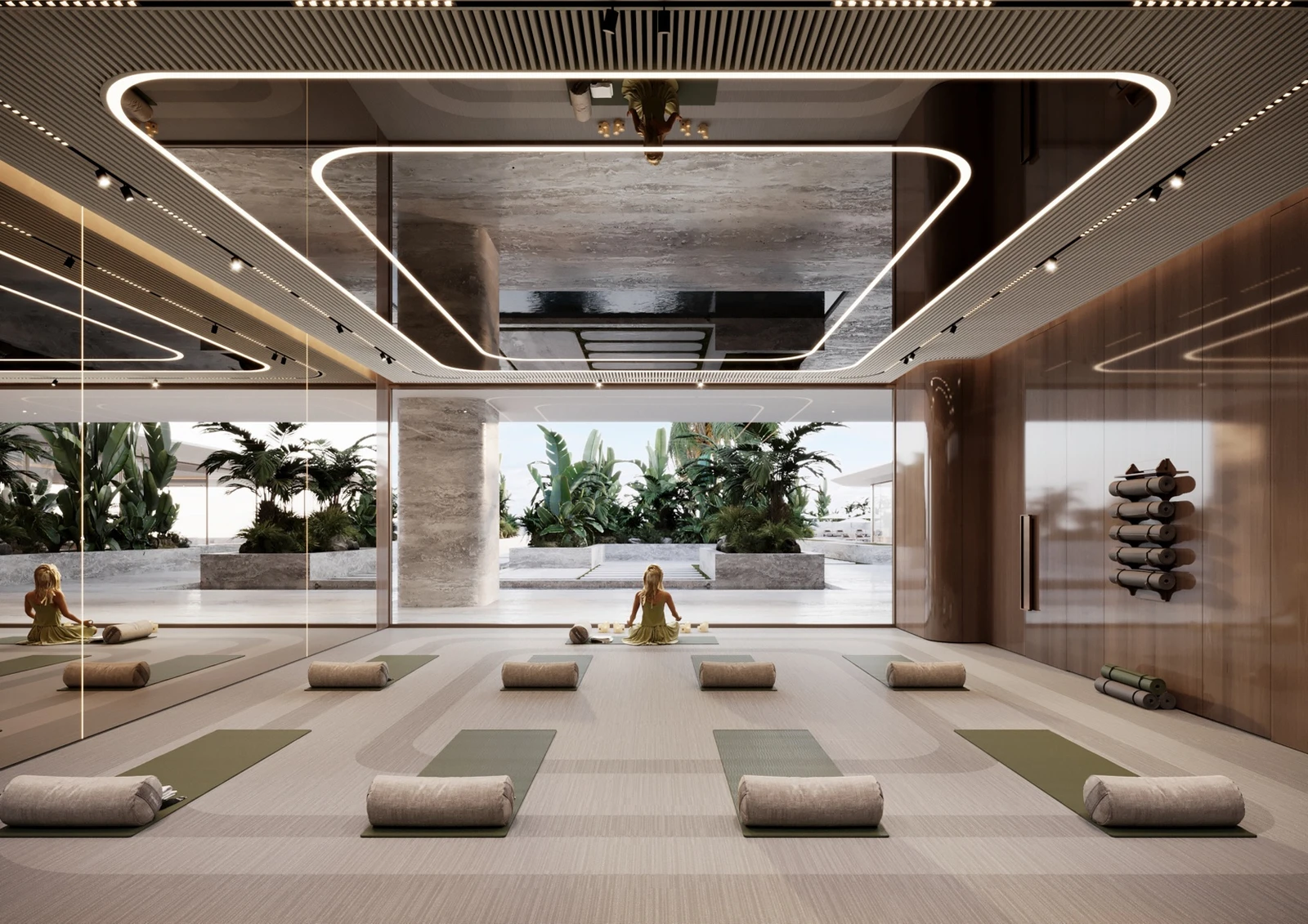Yoga studio with mirrored wall and garden view