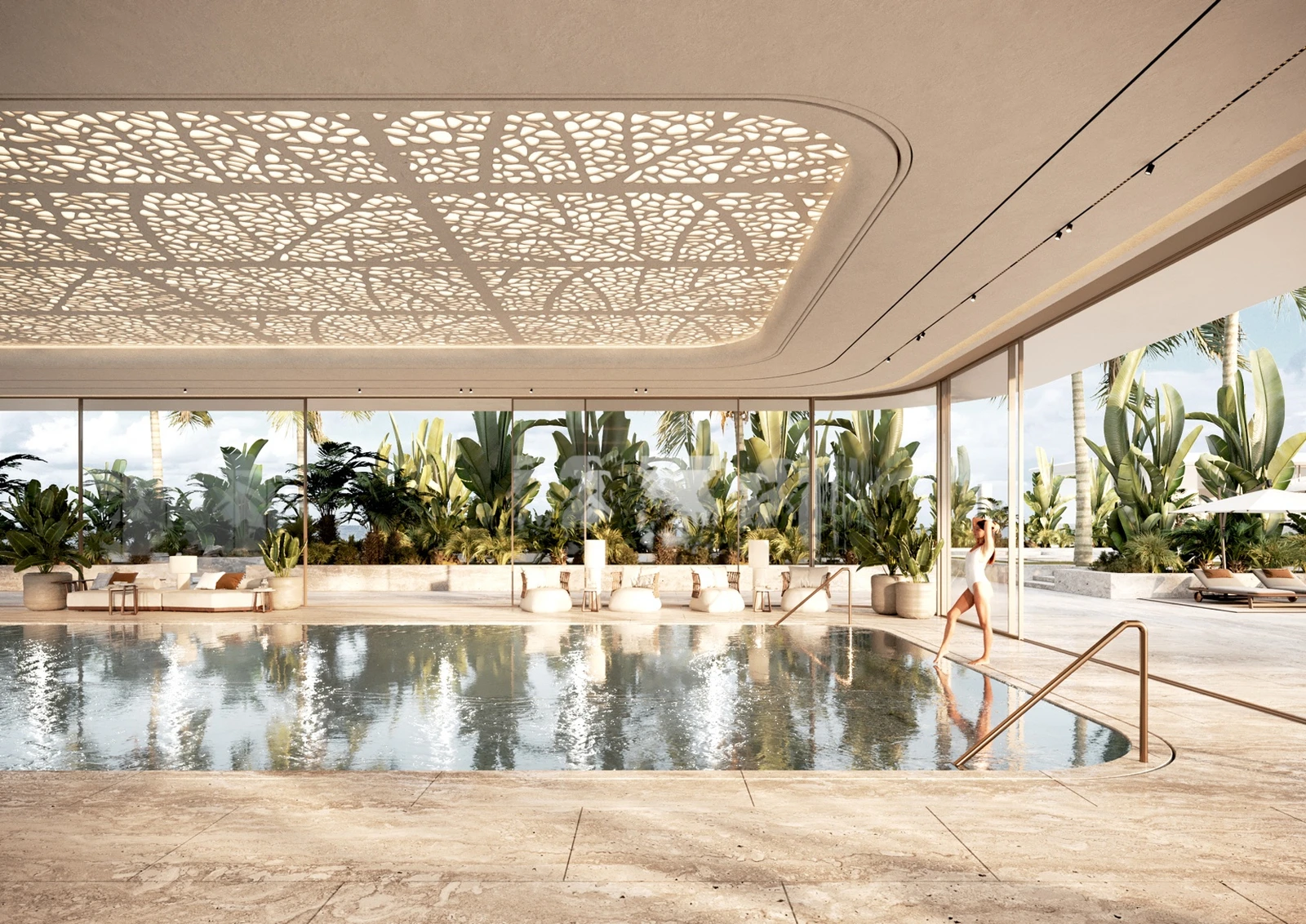 Panoramic indoor pool with landscaped outlook