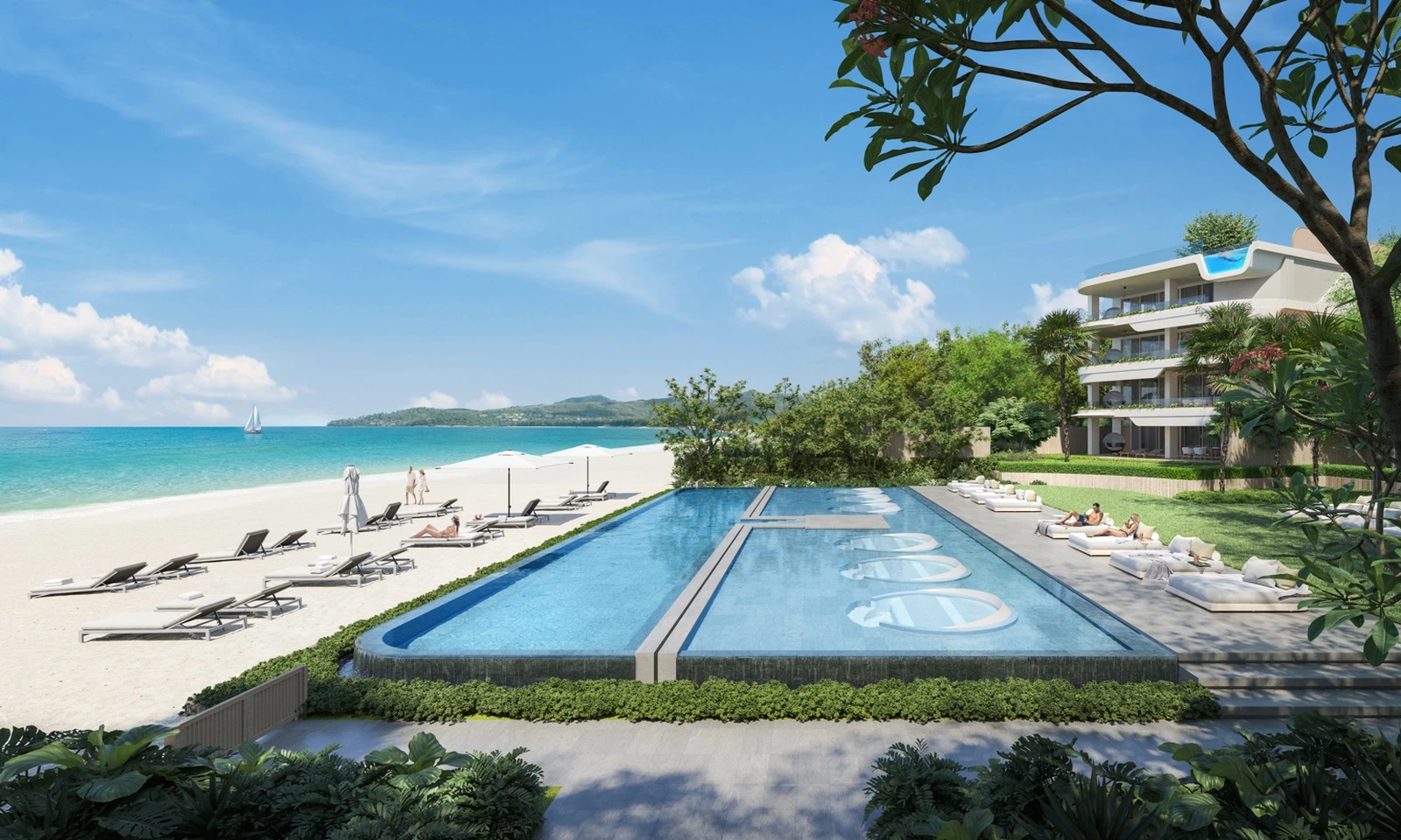 Beachfront pool terrace with sun loungers and direct beach access