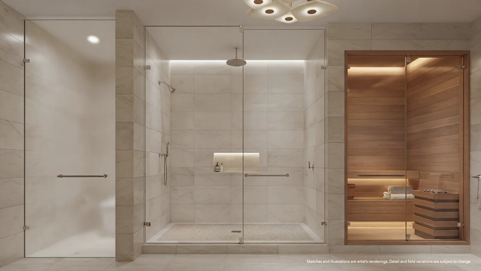 Continuum 12000 - Primary spa bathroom with Calcutta marble and cedar sauna