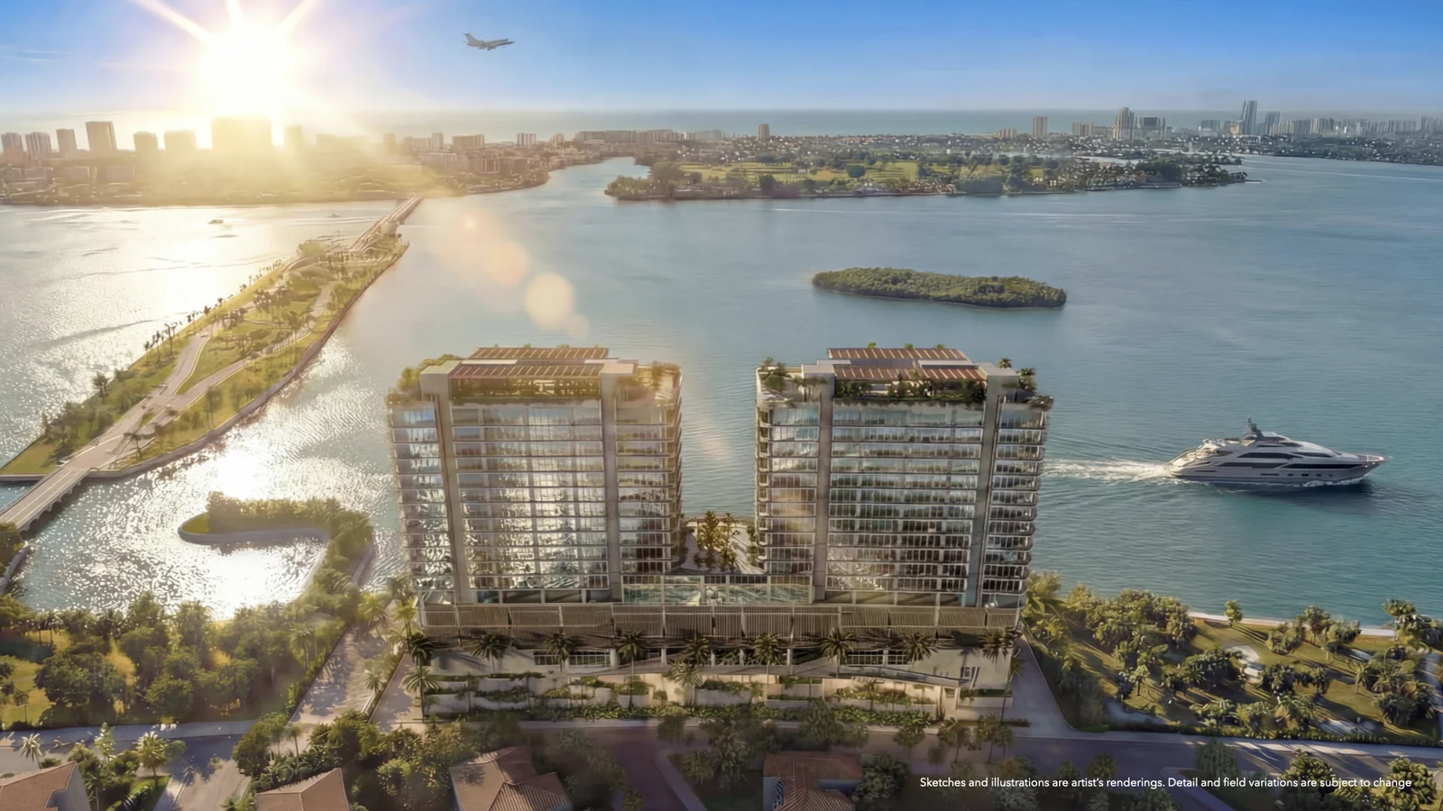 Continuum 12000 - Aerial view of North Miami waterfront tower and Biscayne Bay