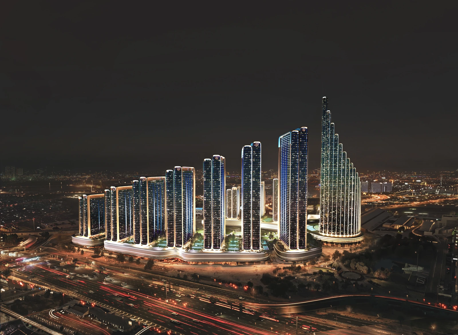 Mercedes-Benz Places Binghatti City aerial night panorama of all 12 towers, Nad Al Sheba Dubai