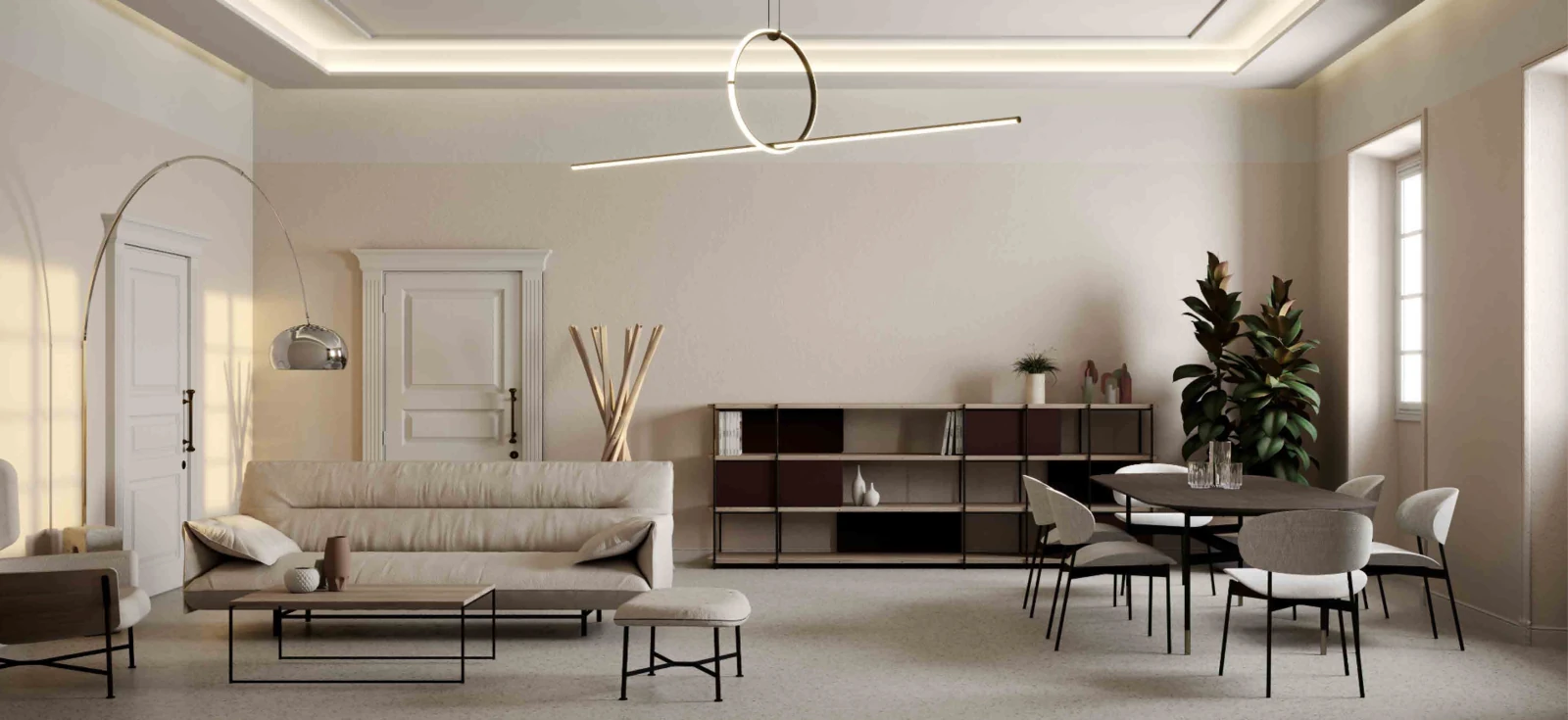 Villa Covoni living and dining area with ring-light fixture