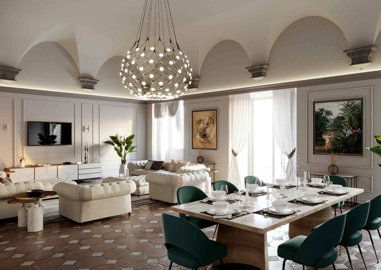 Villa Covoni living and dining area with arched vaults