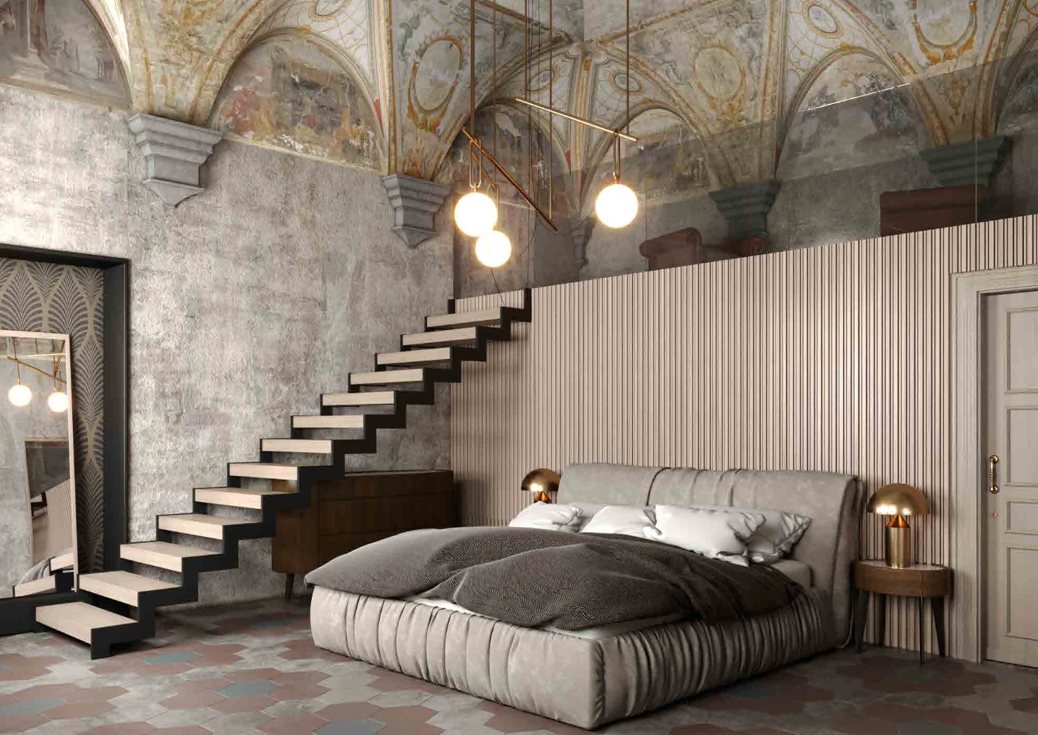 Villa Covoni bedroom with frescoed vault and staircase