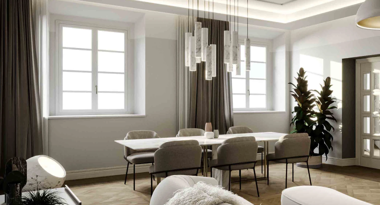 Villa Covoni dining area with crystal pendant lighting