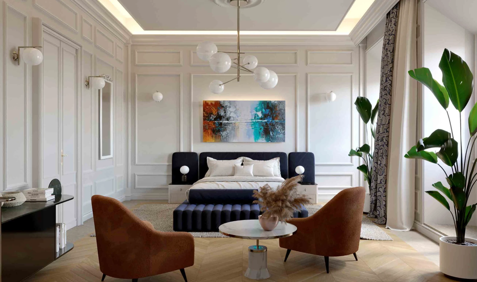 Villa Covoni bedroom with panelled wall mouldings