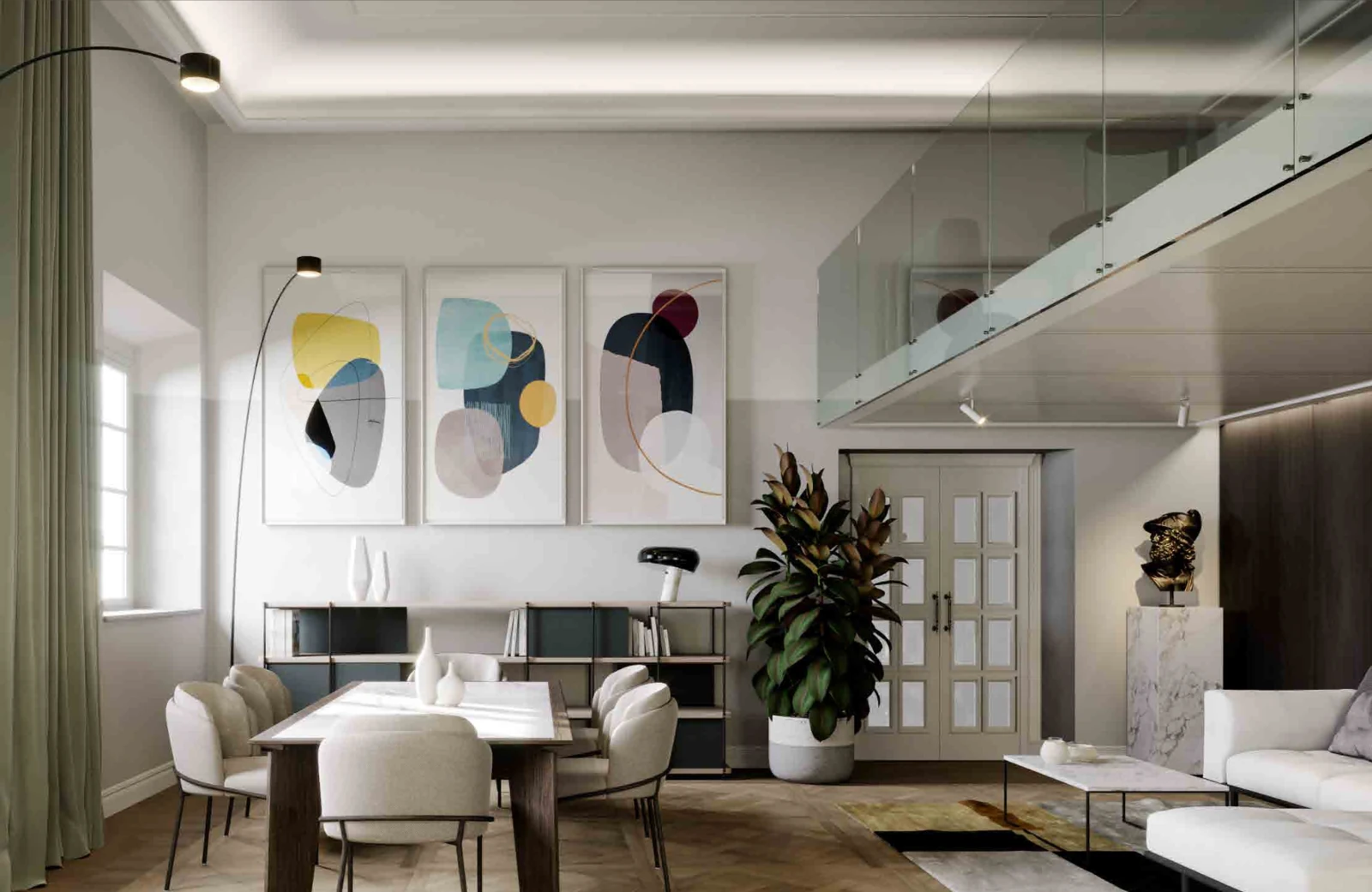 Villa Covoni living and dining area with mezzanine