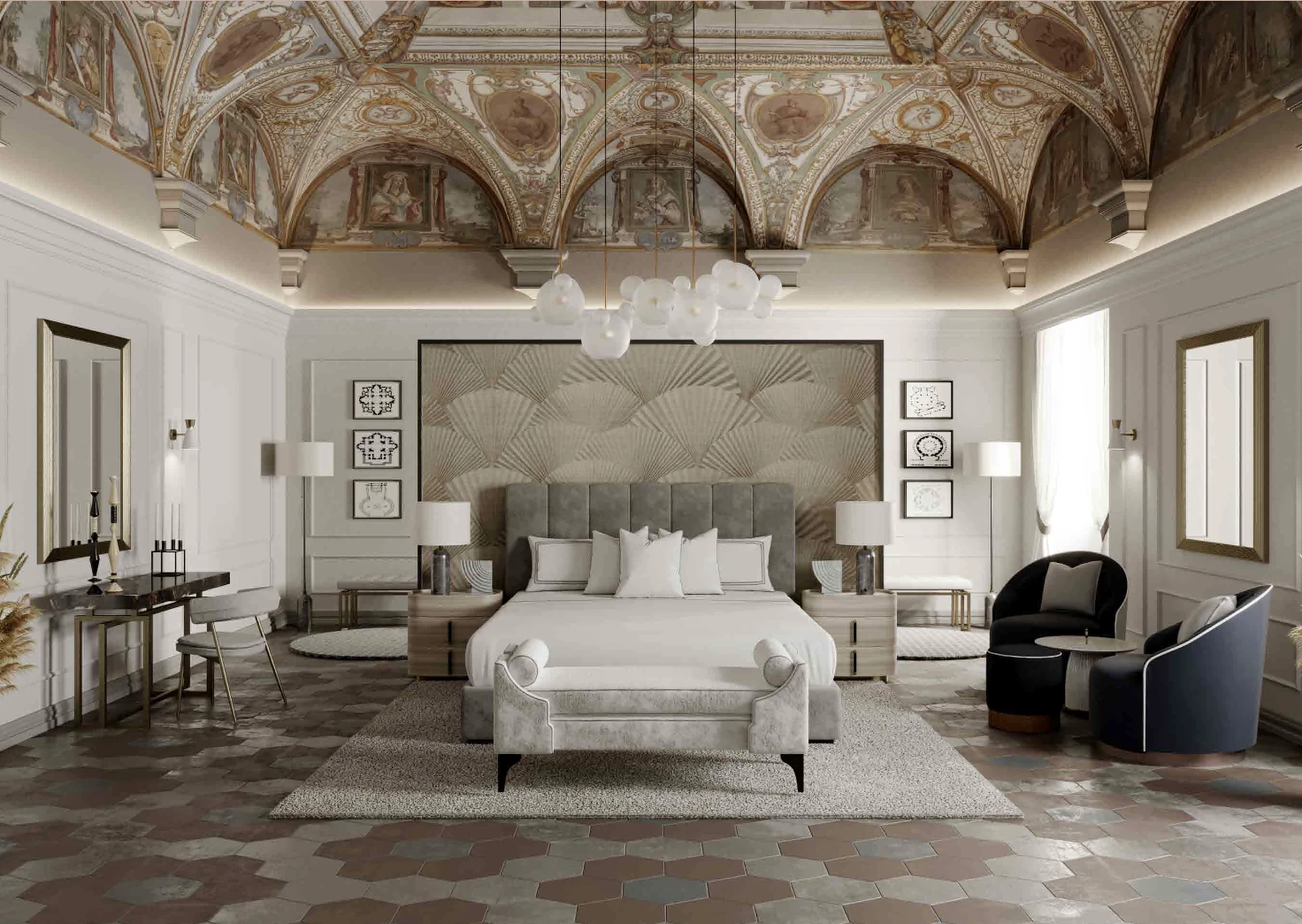 Villa Covoni bedroom with grand fresco and terracotta floor