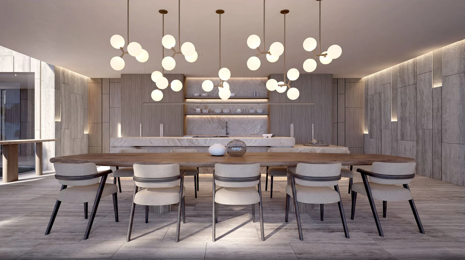 Villa Nature dining room with statement lighting and terrace access, Marbella