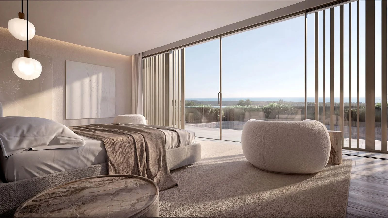 Villa Nature master bedroom opening to a private terrace and views, Marbella