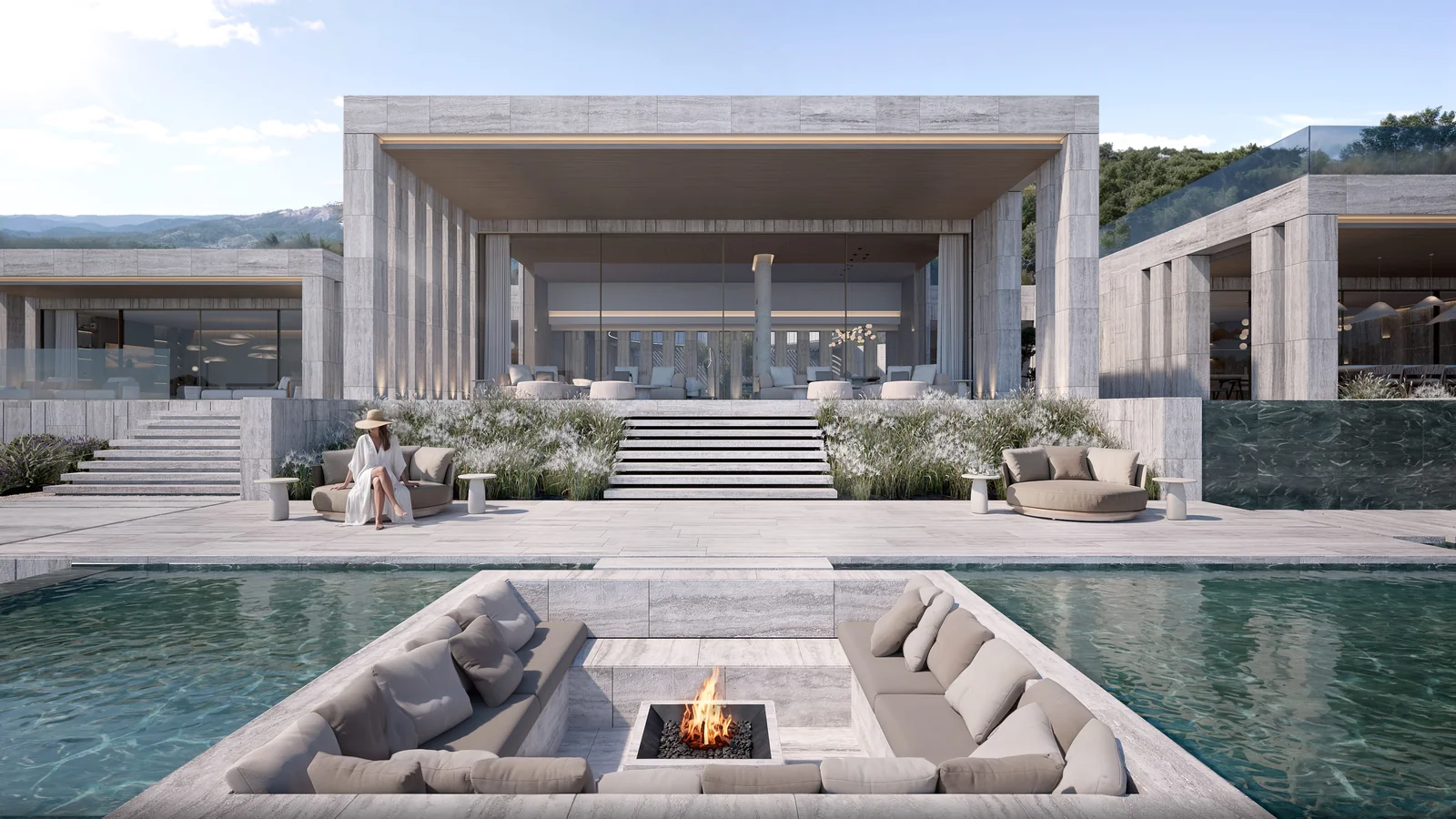 Villa Nature infinity pool with fire feature and colonnaded facade, Marbella Spain
