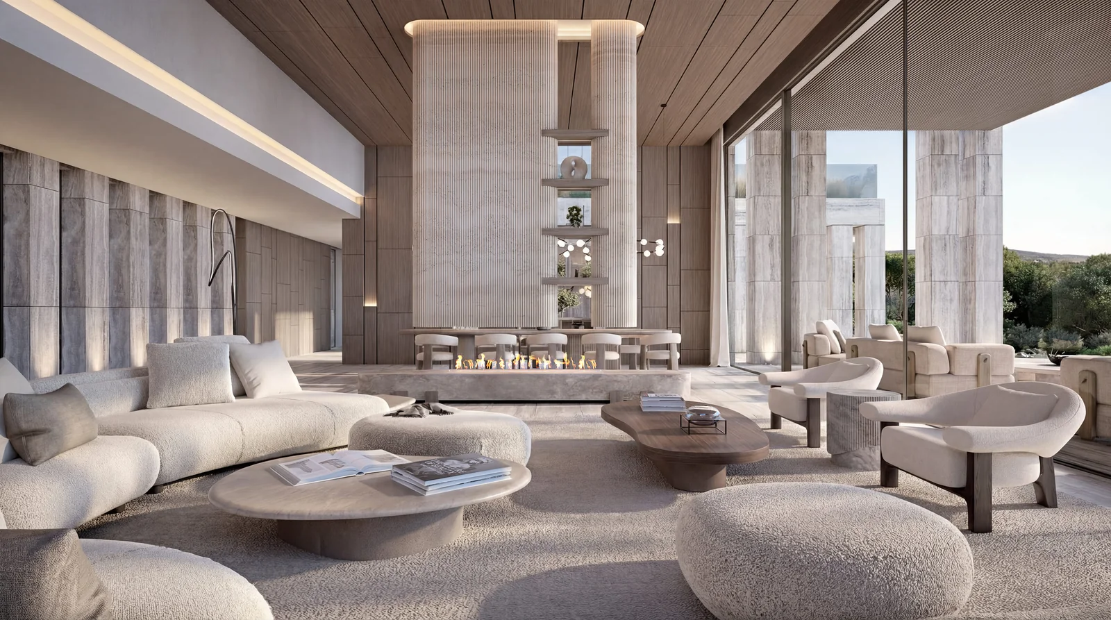 Villa Nature lounge with sculptural seating and stone walls, Marbella