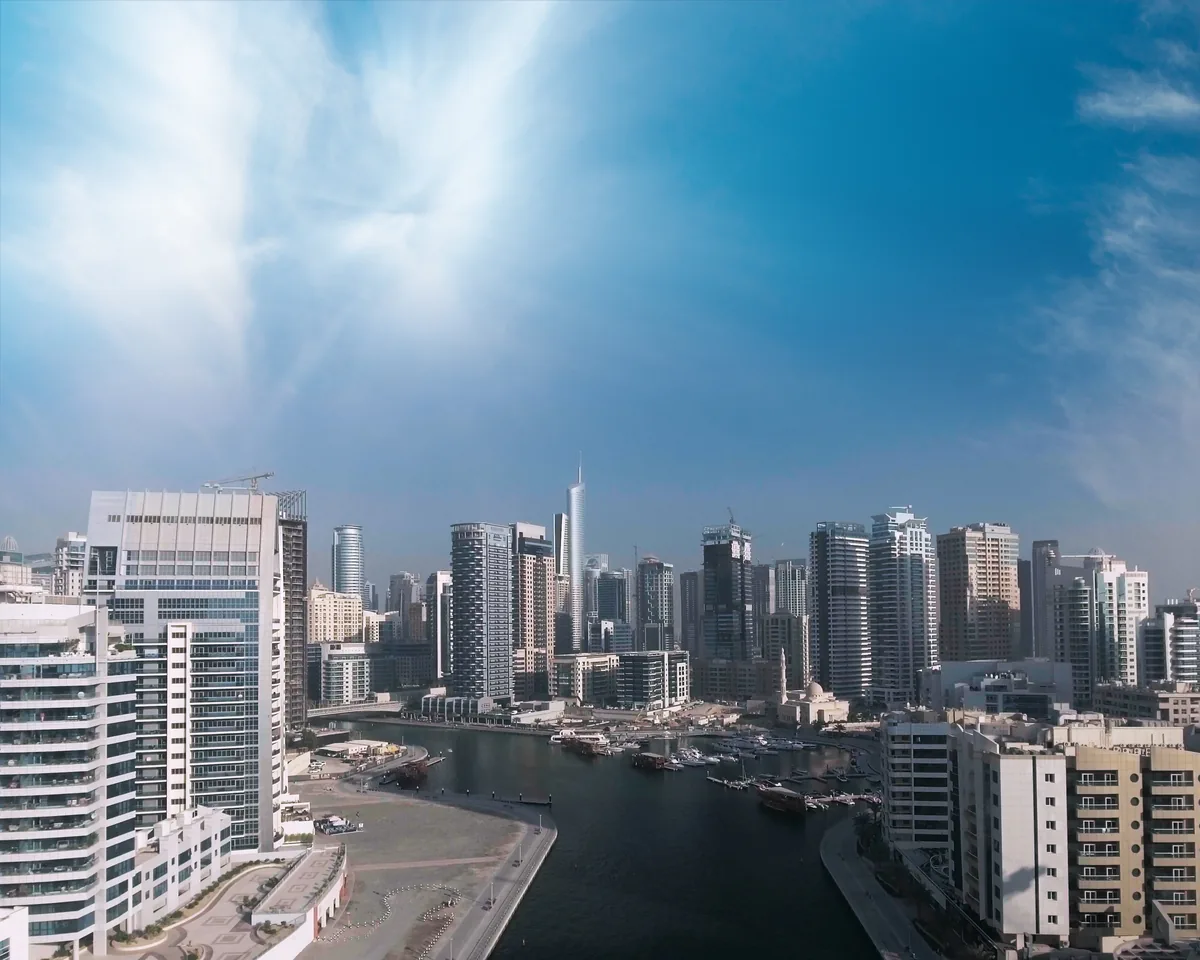 Aerial view of Dubai Marina towers, the UAE off-plan and mortgaged property route