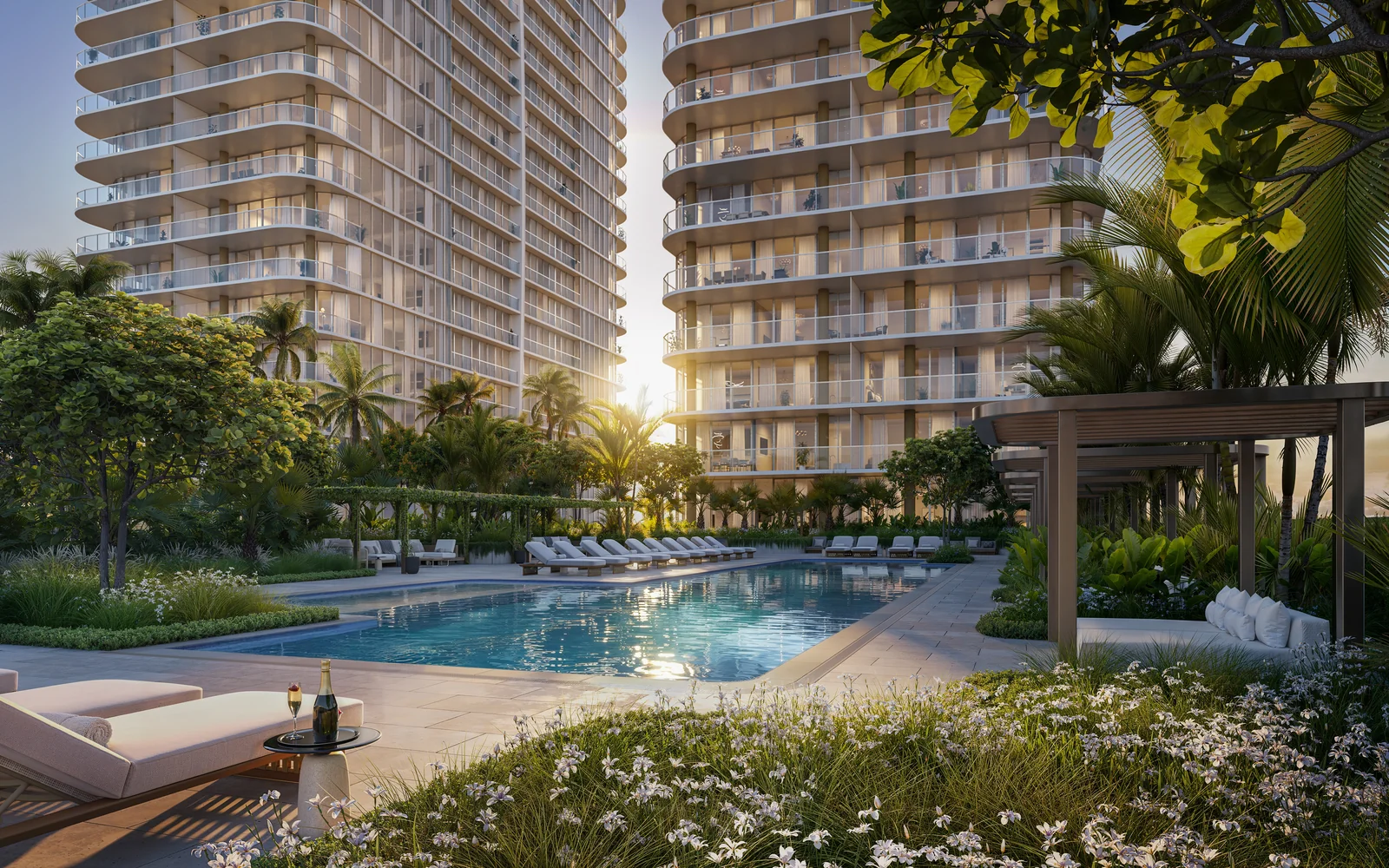 Kempinski Residences pool deck with lap pool, cabanas and landscaped gardens, Miami